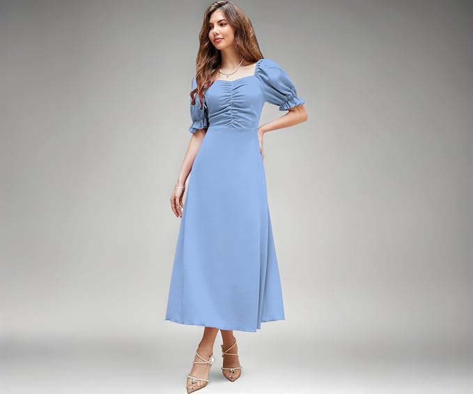 Shasmi Girl's & Women's Solid A-Line Ruched Puff Sleeve Maxi Long Evening One Piece Long Dress for Women Stylish (Dress 131)