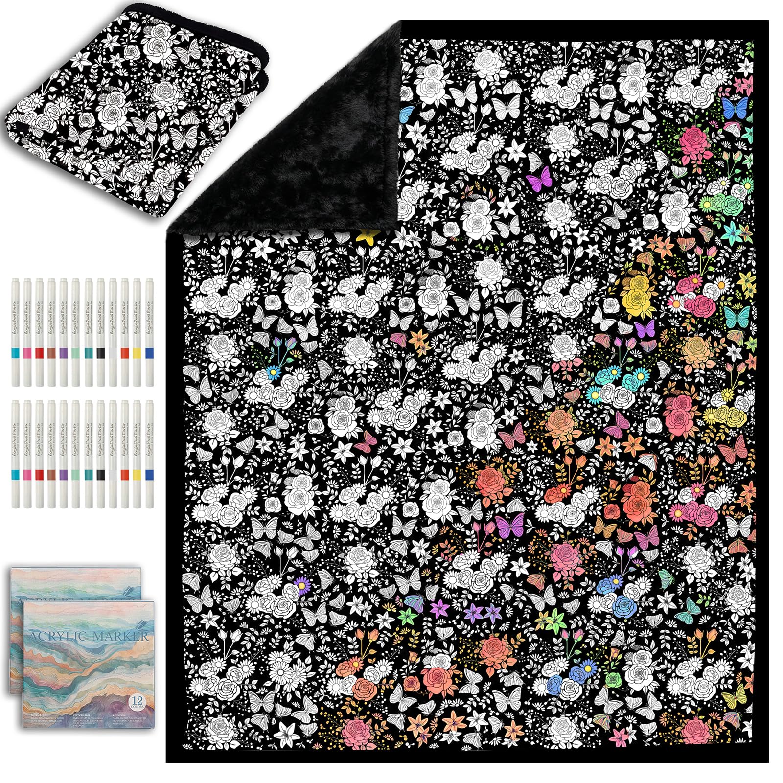 ZHOYIMIMI DIY Cozy Coloring Blankets for Kids & Adults -24 Markers | 50" x 60", Machine Washable, Cozy Velvet, Printed Patterns, ideal for daily use, home decor and kids spaces, Gift Wrapped