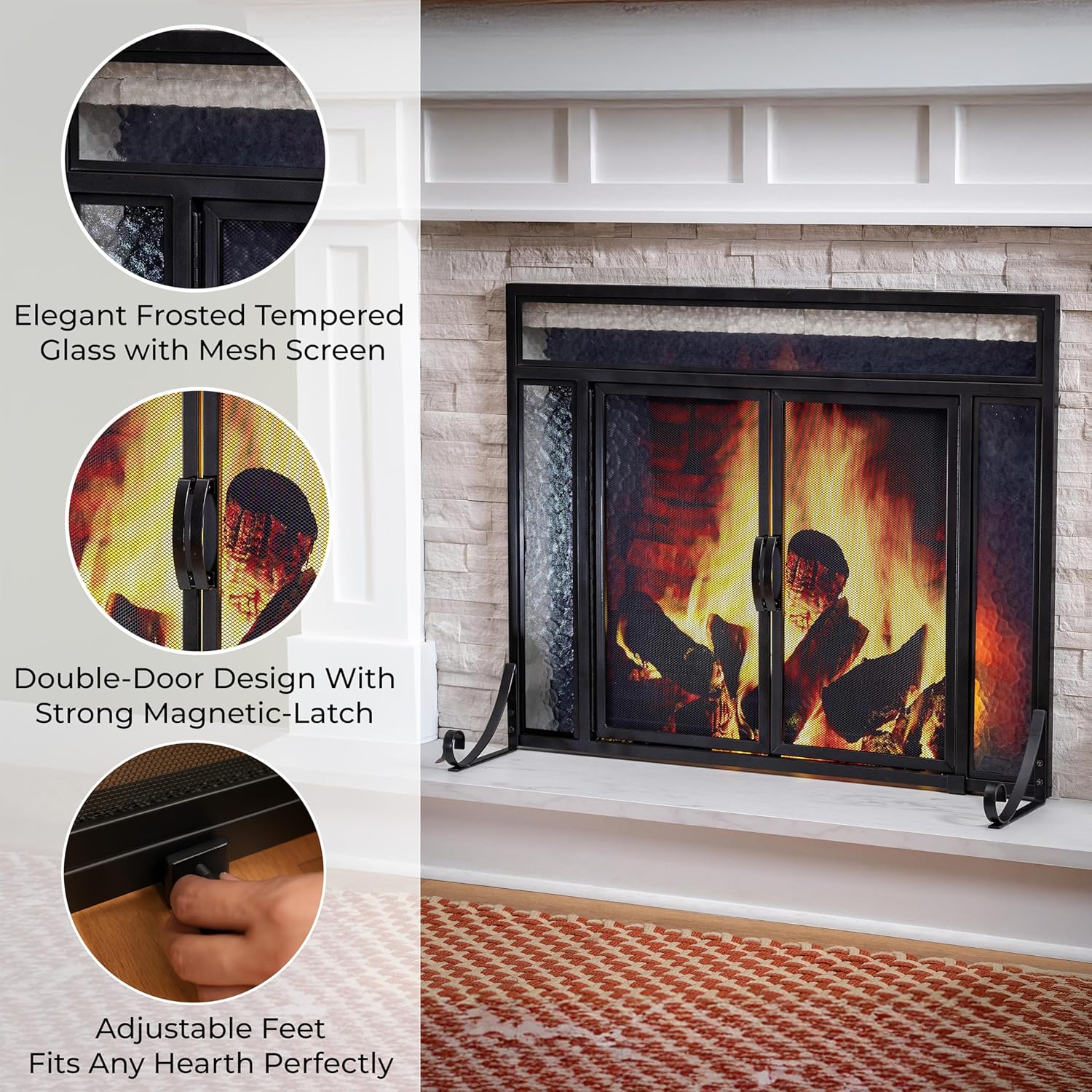 Plow & Hearth Metal Fireplace Screen Glass Black | 38" W x 31" H | Dual Magnetic Hinged Doors | Spark Guard Cover | Stand Alone Wrought Iron Panel Fire Place Cover