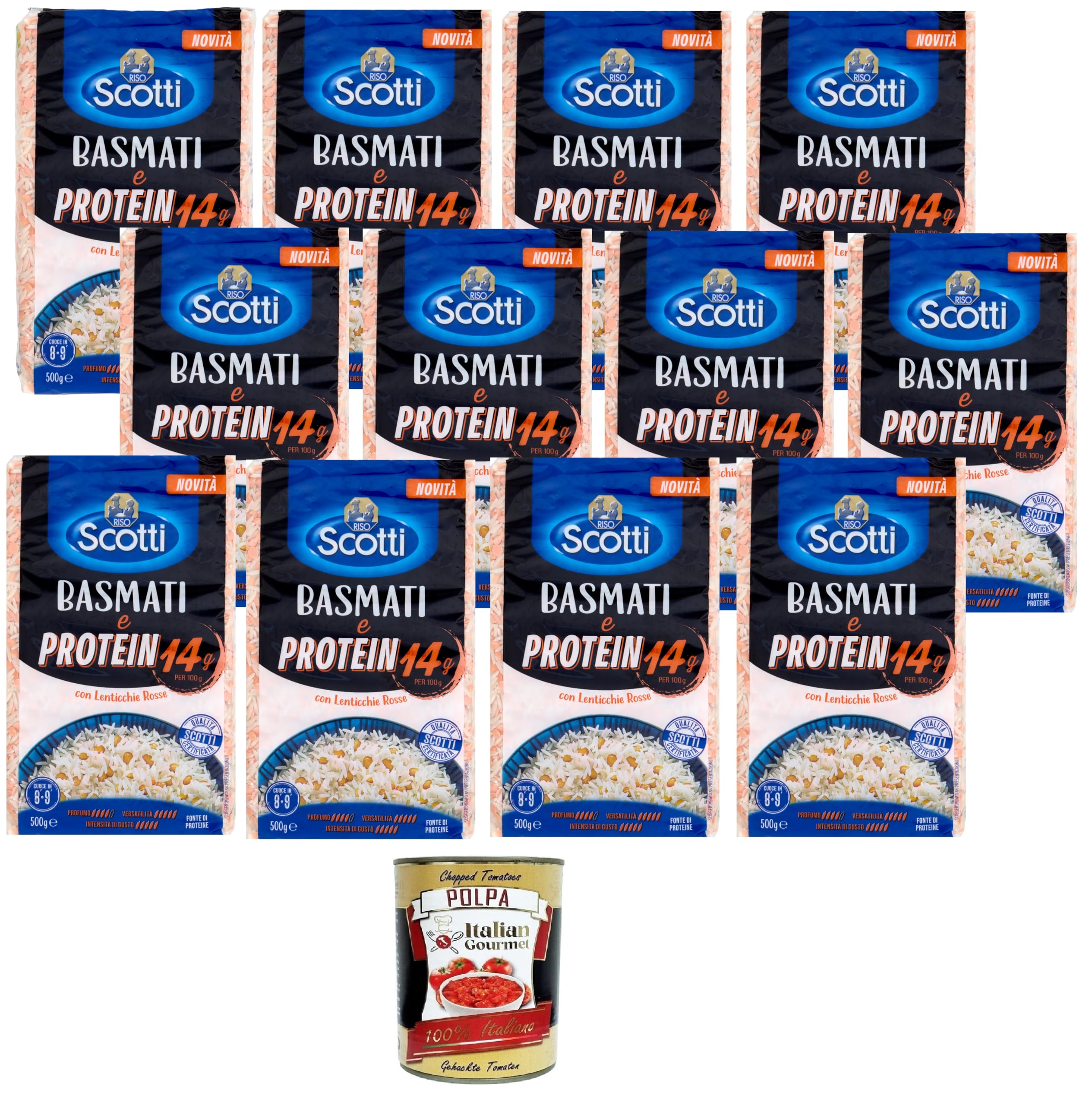 Italian Gourmet Riso Basmati e Proteine rote Linsen 12 x 500g pflanzlich | Con legumi, chicchi aromatici; nahrhaft, ausgewogen, für vegane Bowls, Gesamtnettogewicht 6 kg + Kostenlos Polpa 400g