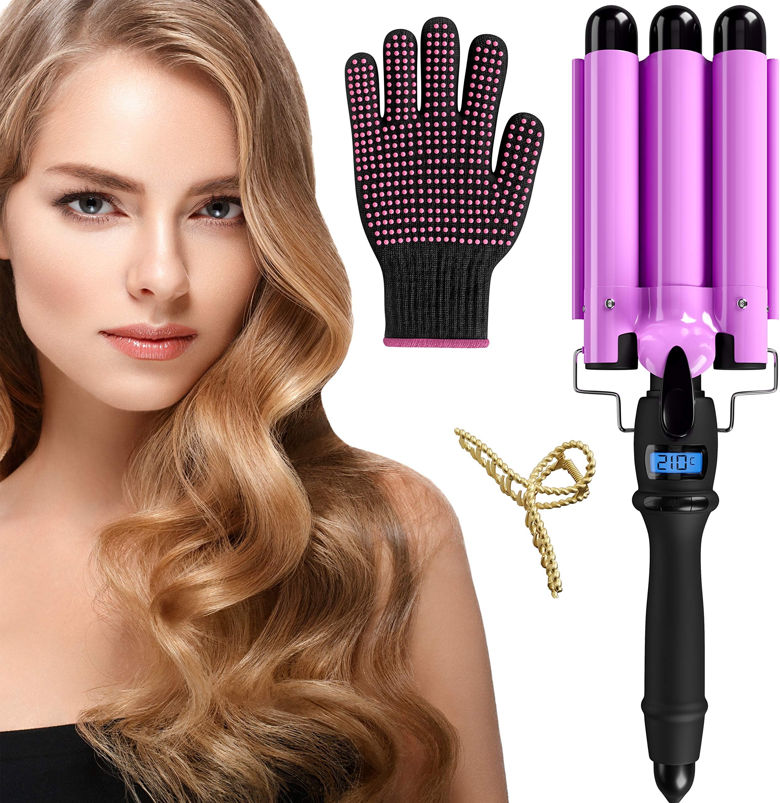 Junma Hair Curler 3 Barrel Curling Iron Wand, Mermaid Beach Waves 25mm (1 Inch) Hair Waver with LCD Temp Display for Long or Short Hair, Triple Three Barrel Crimper Hair Iron for Women (Pink)