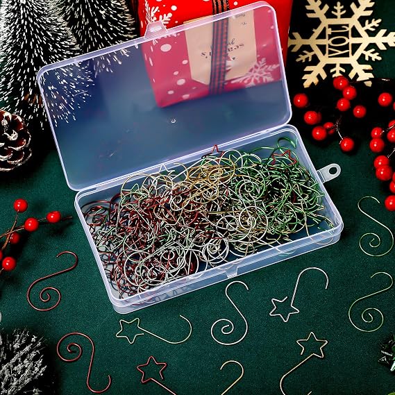 Hotop Christmas Ornament Hooks Mini Ornament Hangers Decorative Star Sharped Hooks Swirl Hanging Hook with Storage Box for Christmas Tree Decoration(Gold, Silver, Red, Green,160 Pieces)