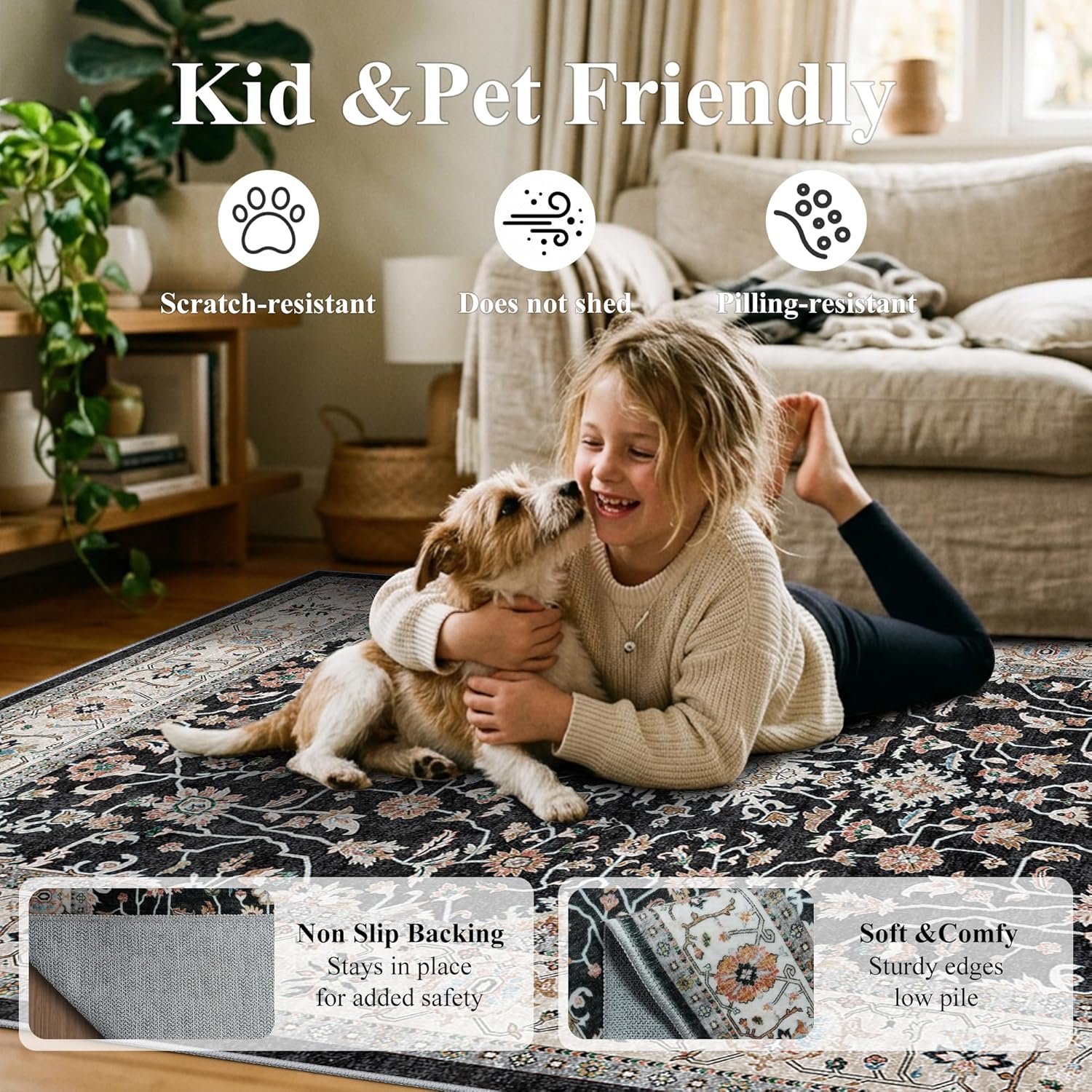 TOPRUUG Washable 2x8 Runner Rug: Vintage Non-Slip Stain Resistant Rug Low Pile Ultra Thin Carpets for Kitchen Hallway Living Room Durable Soft Bedroom Entryway Mat for High Traffic Area (Black, 2x8)