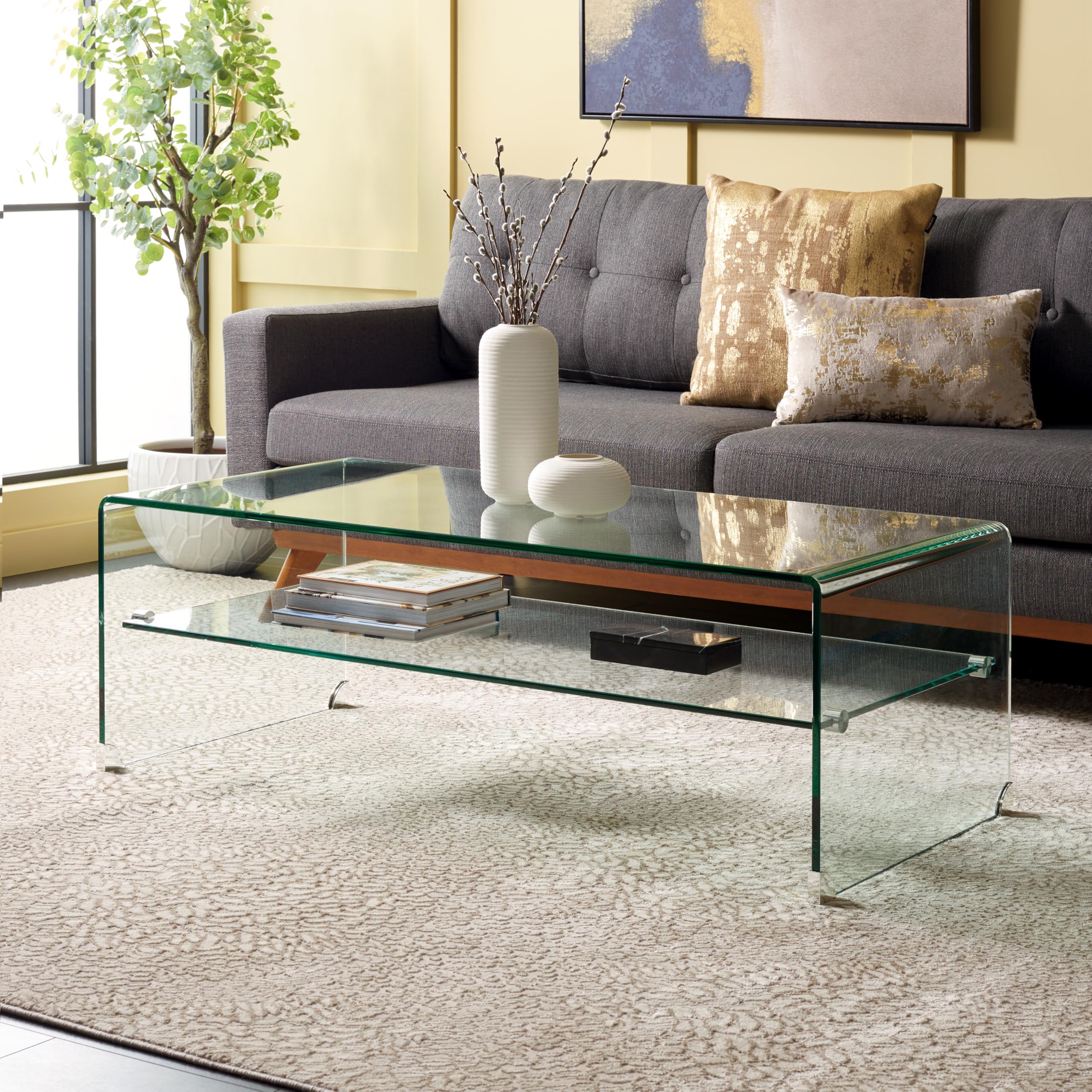 SAFAVIEHSAFAVIEH Home Collection Brioni Clear Tempered Glass Coffee Table with Shelf