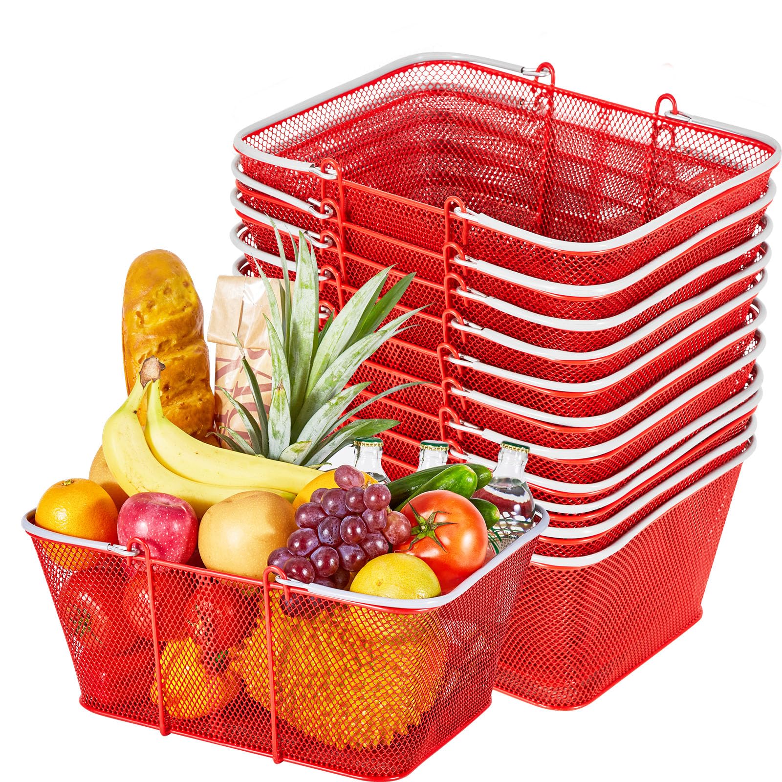 VEVOR Shopping Baskets, 12 PCS, 22L Stackable Metal Grocery Baskets with Handles, Dense Mesh Structure, Holds up to 44 lbs, Portable for Grocery,