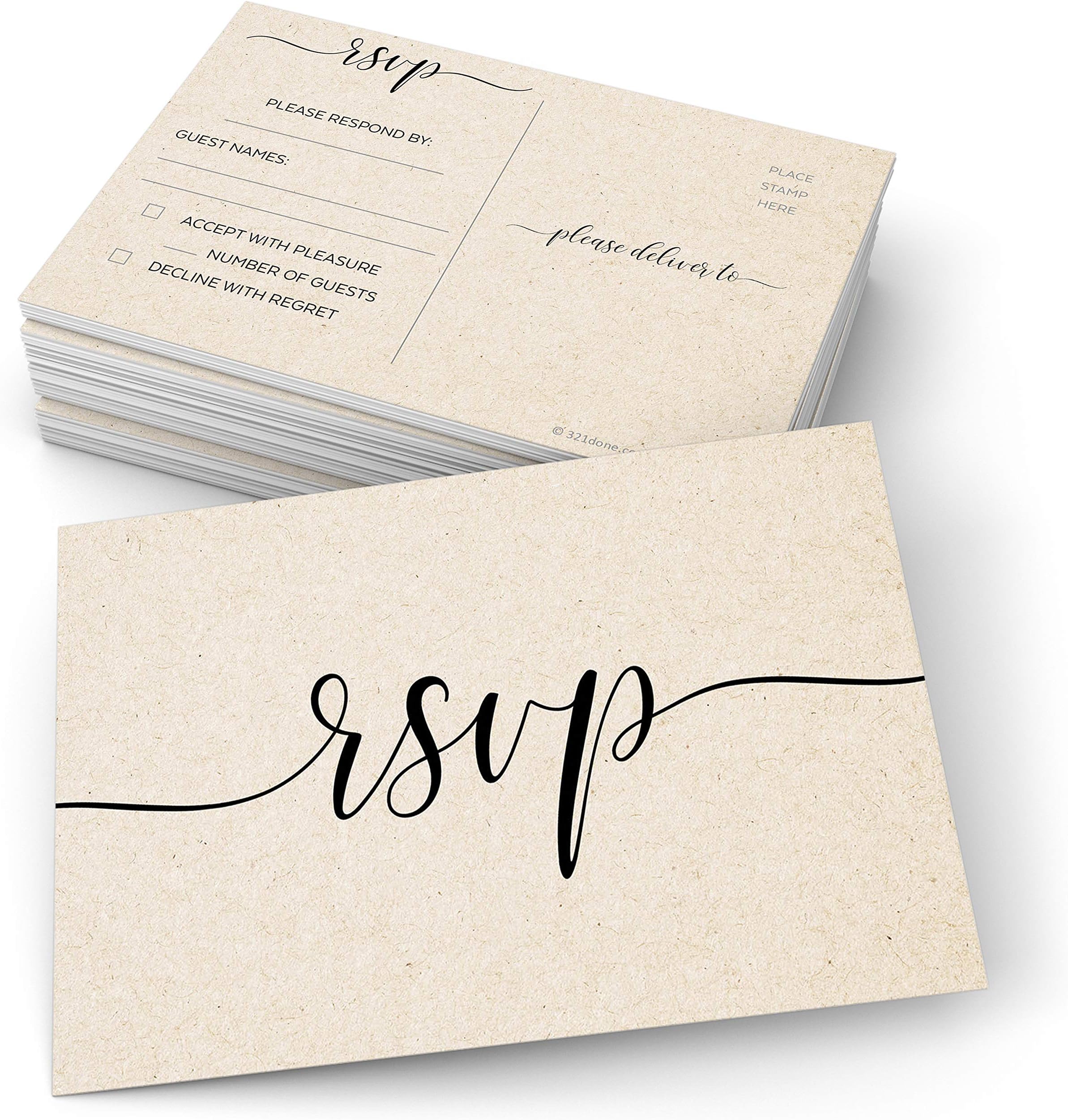 321Done RSVP Postcards (Set of 50) 4" x 6" - Large Blank with Mailing Side - Rustic Kraft Tan, Response Cards for Wedding, Bridal Shower, Baby Shower, Made in USA