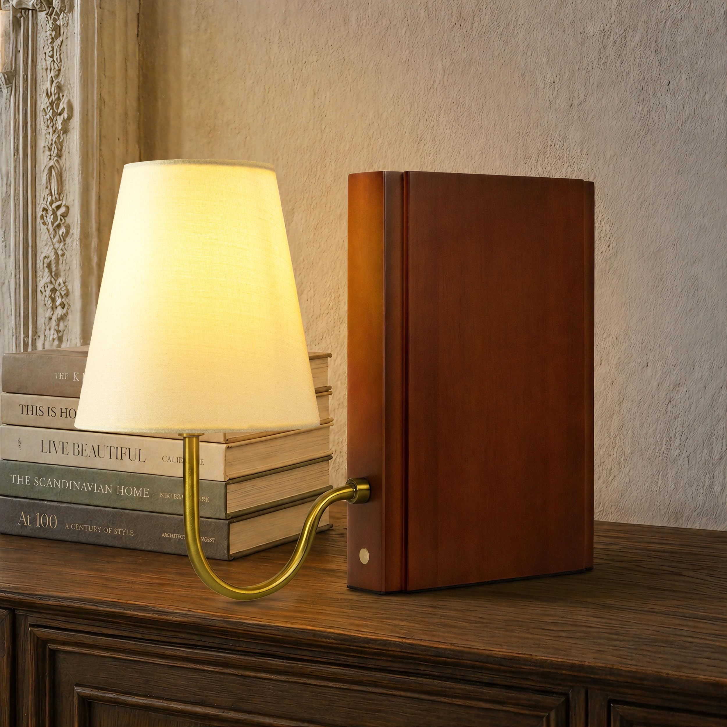 AELS Lampada da libreria in legno con lampadina, lampada da tavolo con paralume in lino, controllo touch dimmerabile in 3 colori, fermalibri decorativo moderno, lampada per libri, per ufficio, casa