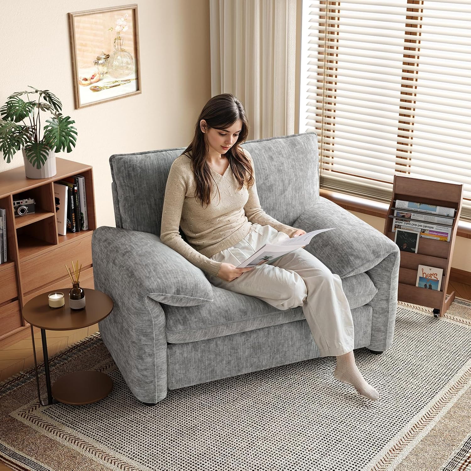 ONBRILL Oversized Accent Chair, 41 Inch Chenille Fabric Armchair, Comfy Single Sofa Chair with Padded Arms, Pocket Spring Cushion, Modern Reading Chair for Living Room, Bedroom, Grey