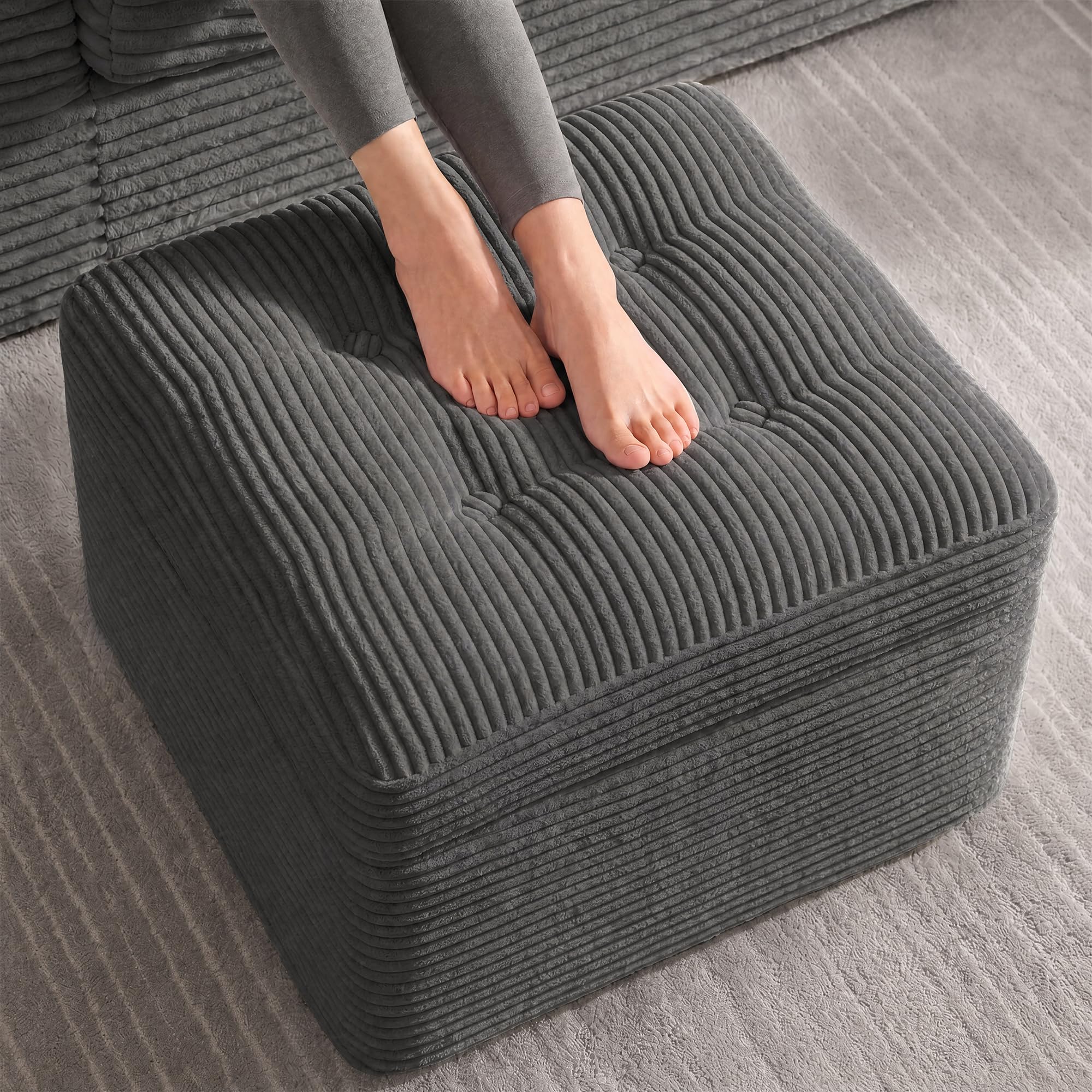 Fabulcozy 23.6in Pouf Ottoman, Corduroy Ottoman Foot Rest with Dual‑Layer Support, Large Plush Pouf with Soft Chunk‑Foam Top & Firm Foam Base, Floor