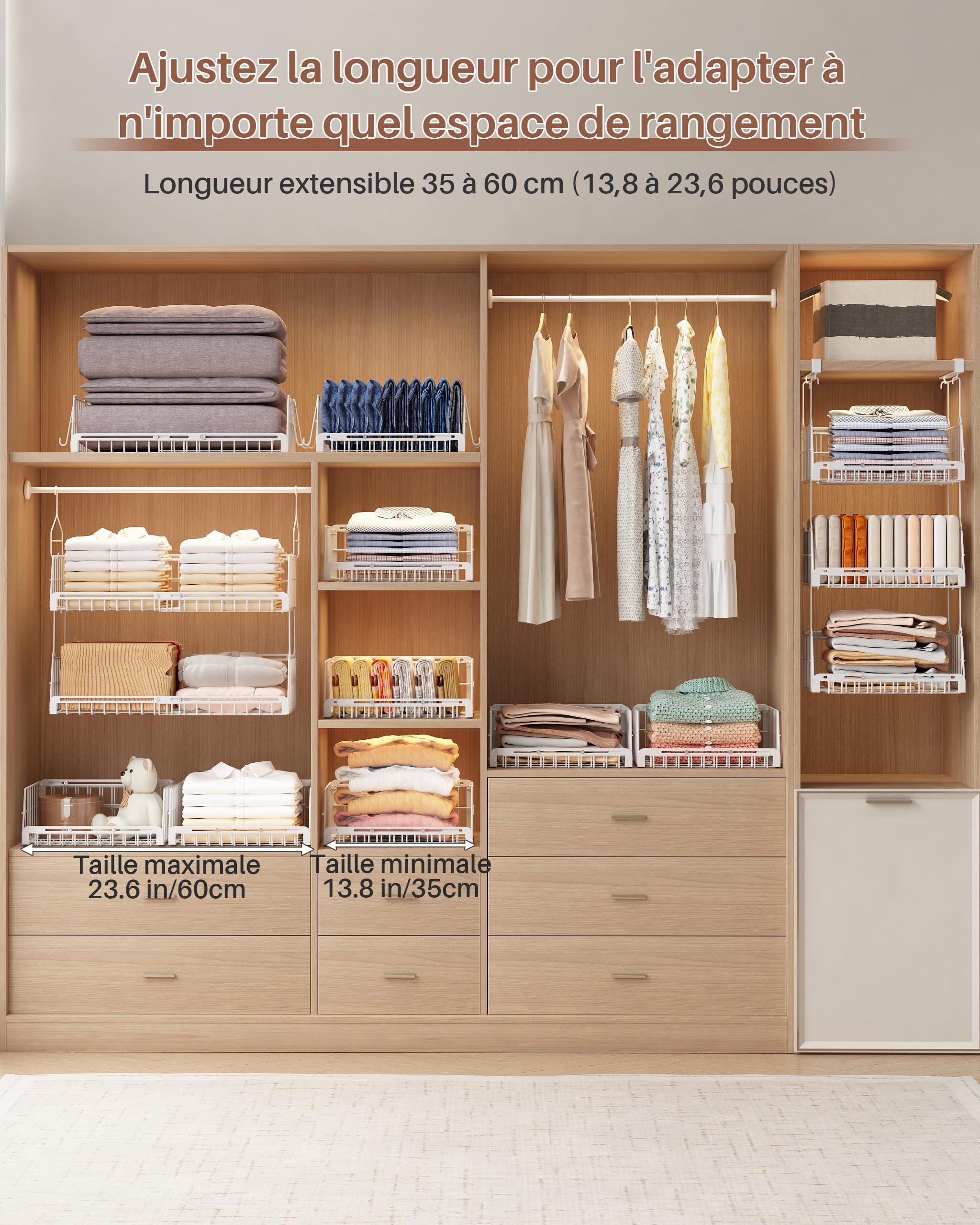 Paniers de Rangement Métal Suspendus Ajustables 35-60cm Anti-Rouille Charge Max 9kg pour Sous-Etagère Cuisine