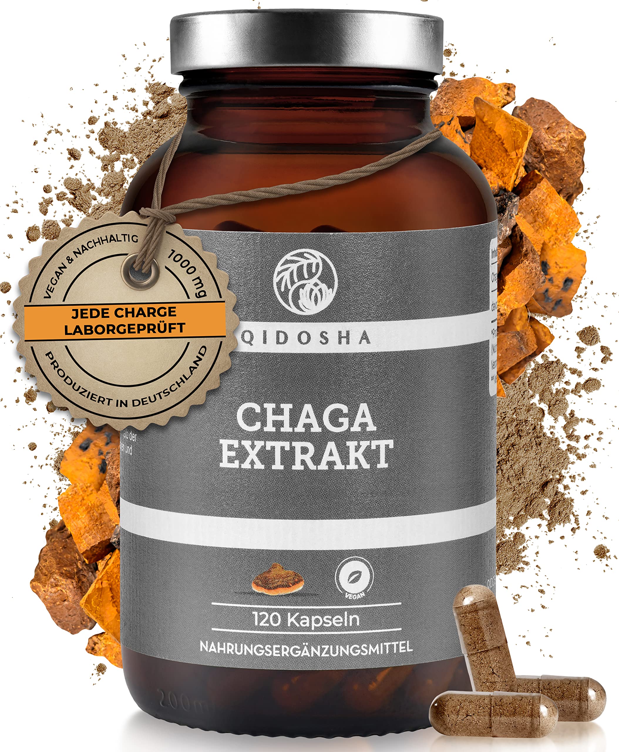 QIDOSHA® Chaga Extrakt Kapseln hochdosiert, 120 Stk im Glas (kein Plastik), 1000 mg Schiefer Schillerporling Extrakt pro Tagesdosis, Chaga Pilz Kapseln hochdosiert, aus Wildsammlung von Birken