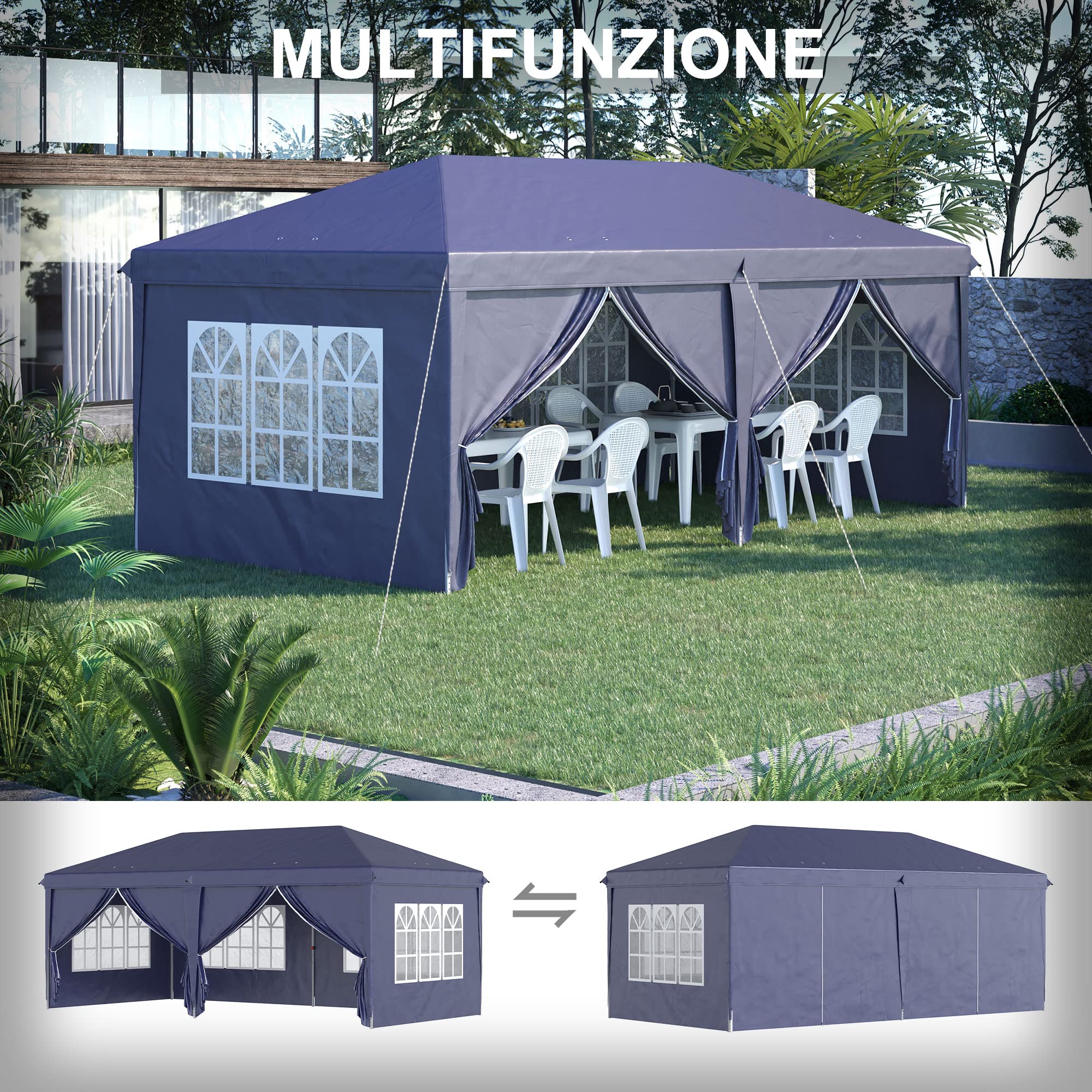 Outsunny Gazebo Pieghevole 6x3 m Pop Up con Finestre e Pannelli Laterali, 2 Porte, Borsa da Trasporto, per Esterno, Blu