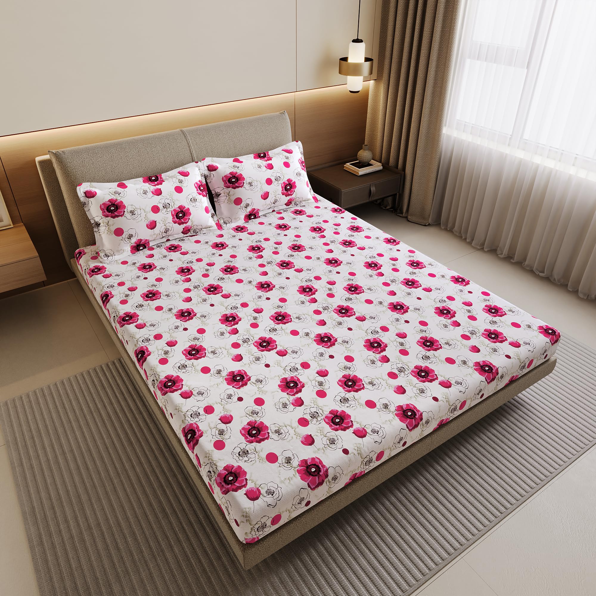 Divine Casa 144 TC Cotton Double Bedsheet with 2 Pillow Covers | Soft Breathable Wrinkle Free Bedsheet for Double Bed | Printed Bed Sheet Set for Bedroom | 222 x 254 cm (Pink Blossom, Floral)
