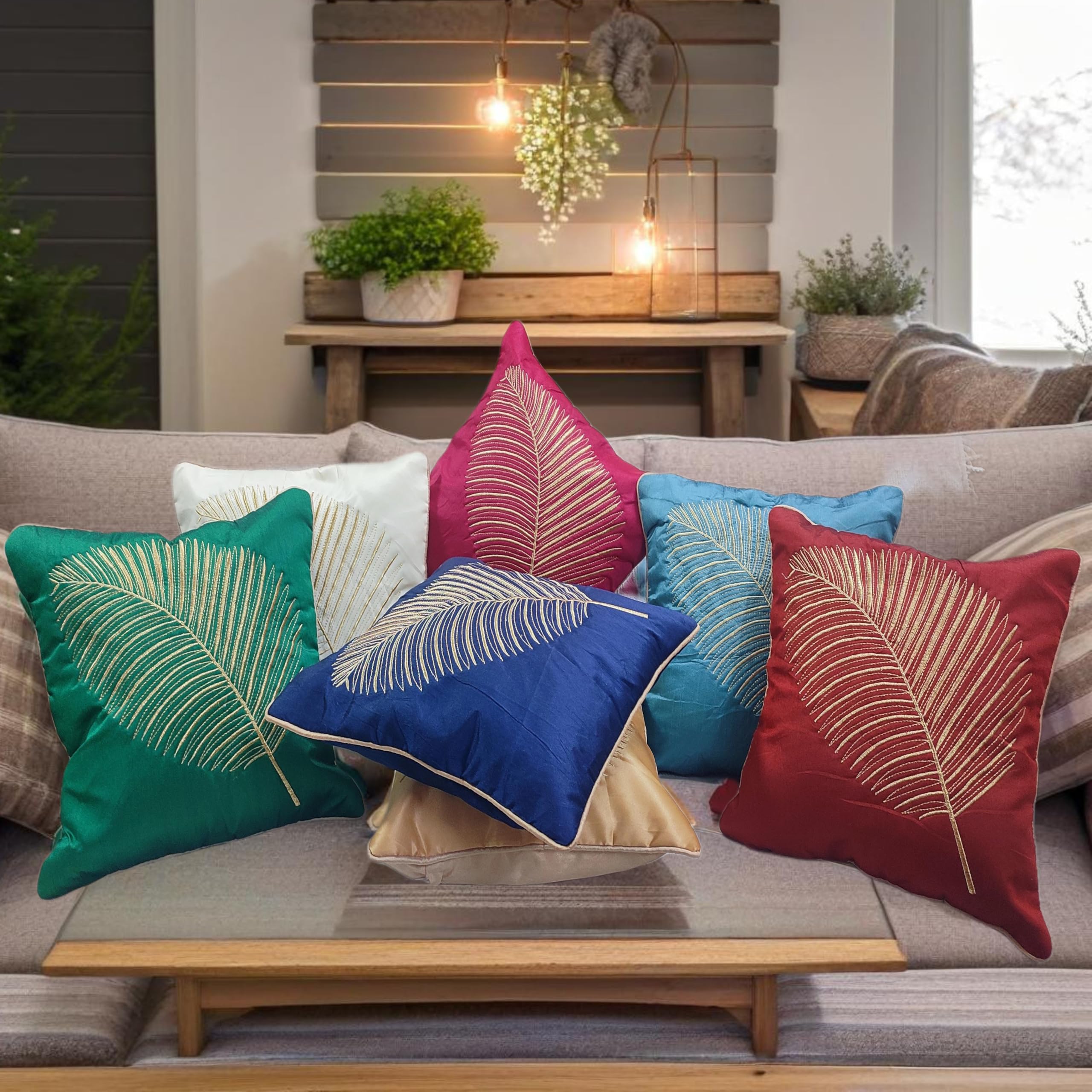 Fab Nation Decorative Multicolor Combo Cushion Covers - Set of 7 | Golden Zari Leaf Embroidery with Zipper | for Home Decor | Square Throw/Pillow Cover |16x16 Inches for Bedroom Sofa-image-21