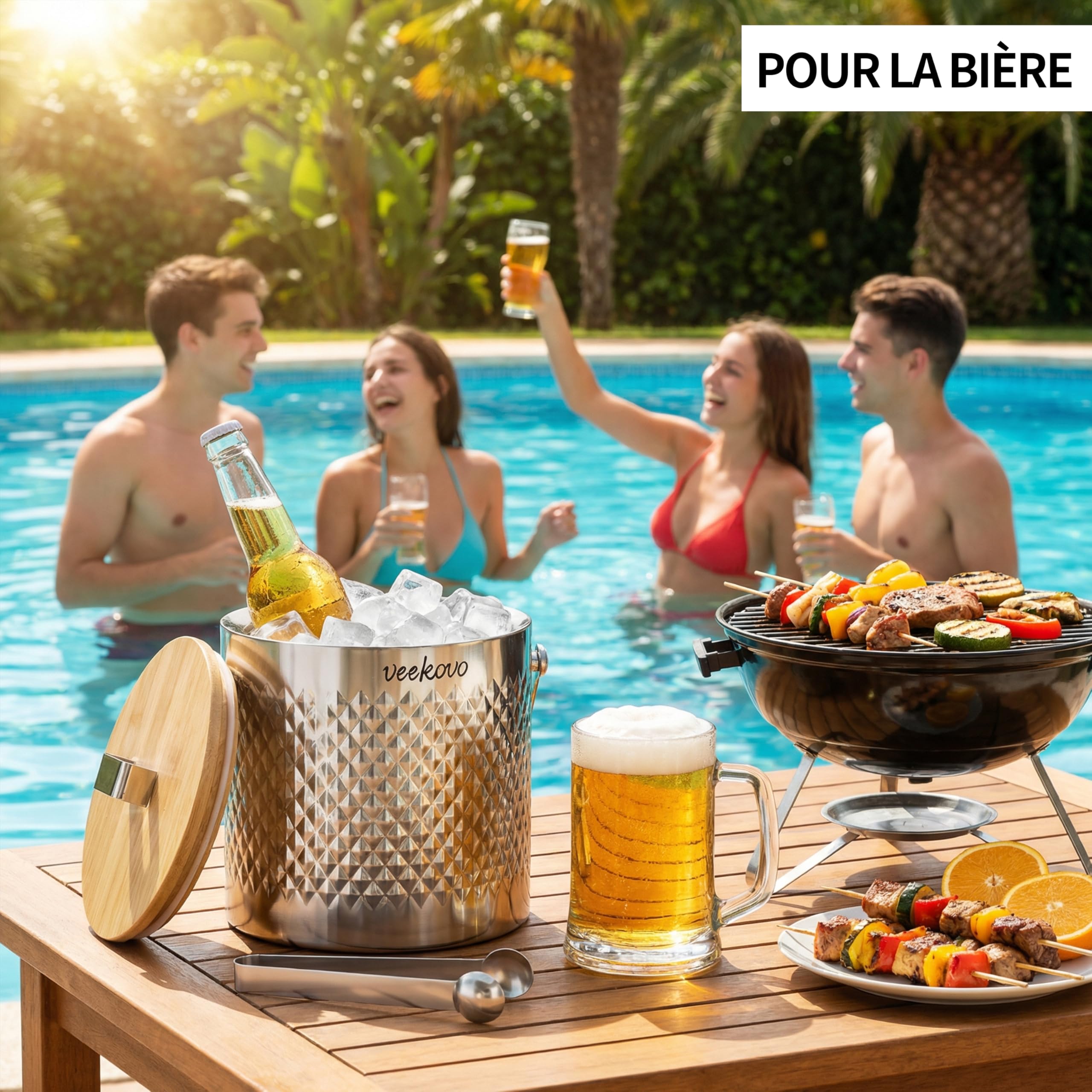 3.2L Seau à Glace Isotherme Avec couvercle et clip, Seau à Glace en Double Paroi en Acier Inoxydable, Rafraîchisseur Champagne pour Bouteille Bar Anniversaires Fêtes Pique-niques (Motif losange)