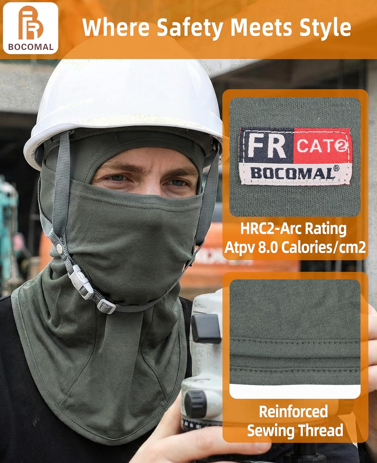 BOCOMAL FR Face Mask Flame Resistant Balaclava 5.5oz Lightweight Arc Rated Helmet Liner Covering Hood for Welding