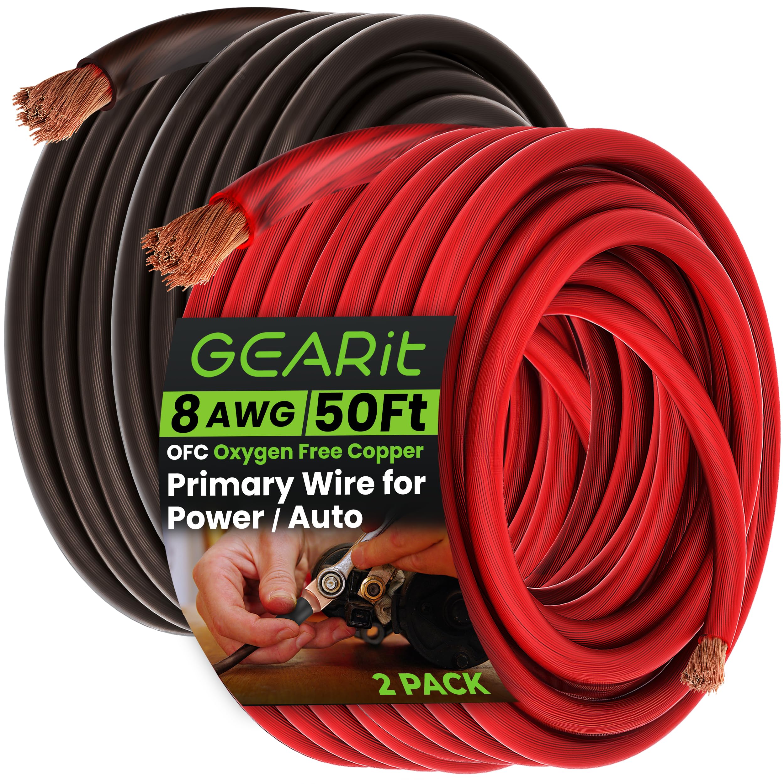 GEARit 8 Gauge Wire, Oxygen Free Copper OFC (50ft Each- Black/Red Translucent) 8 AWG - Primary Automotive Wire Power/Ground, Battery Cable, Car Audio Speaker, RV Trailer, Amp, Electrical 8ga - 50 Feet