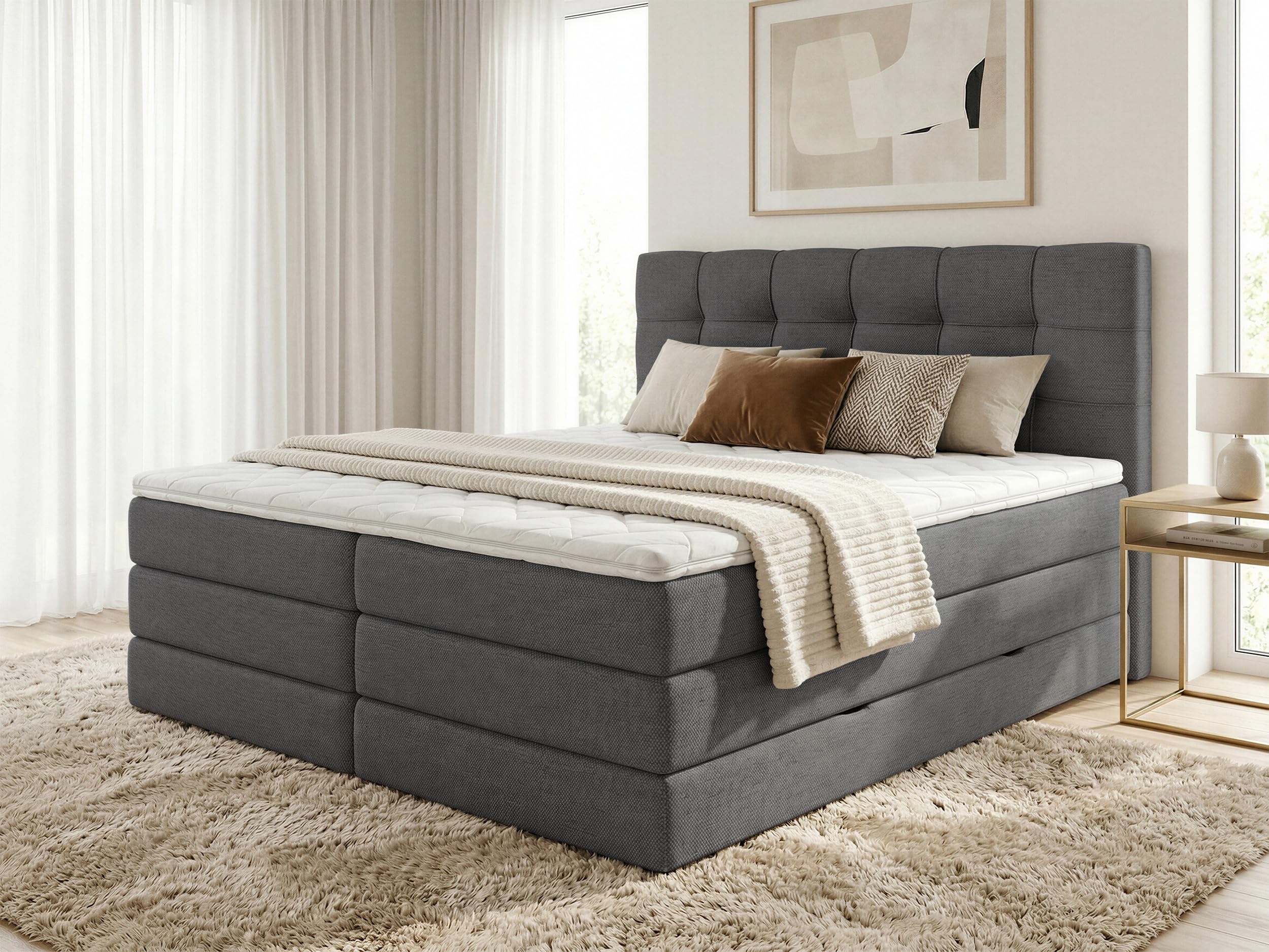 Sofnet Boxspringbett Best XL mit 2 Bettkästen und Topper, mit Taschenfederkern- und Bonellfederkernmatratze, Doppelbett, Polsterbett aus Webstoff mit Stauraum (Graphit (Inari 94), 180 x 200 cm)