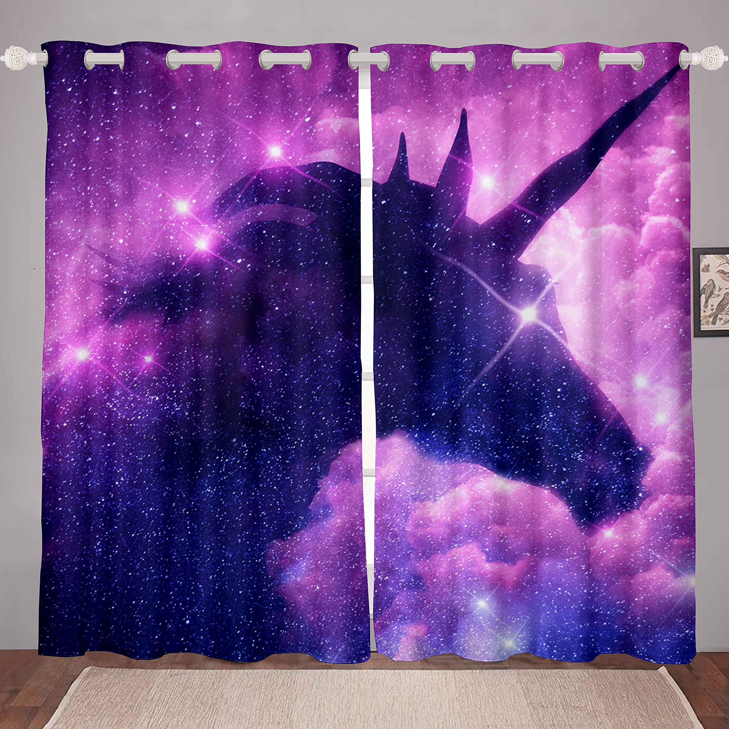 Galaxy Unicorn Curtains for Bedroom Living Room Galaxy Starry Sky Nebula Curtains Magical Fantasy Unicorn Windows Drapes for Kids Boys Girls Universe Outer Space Curtains,W66*L72