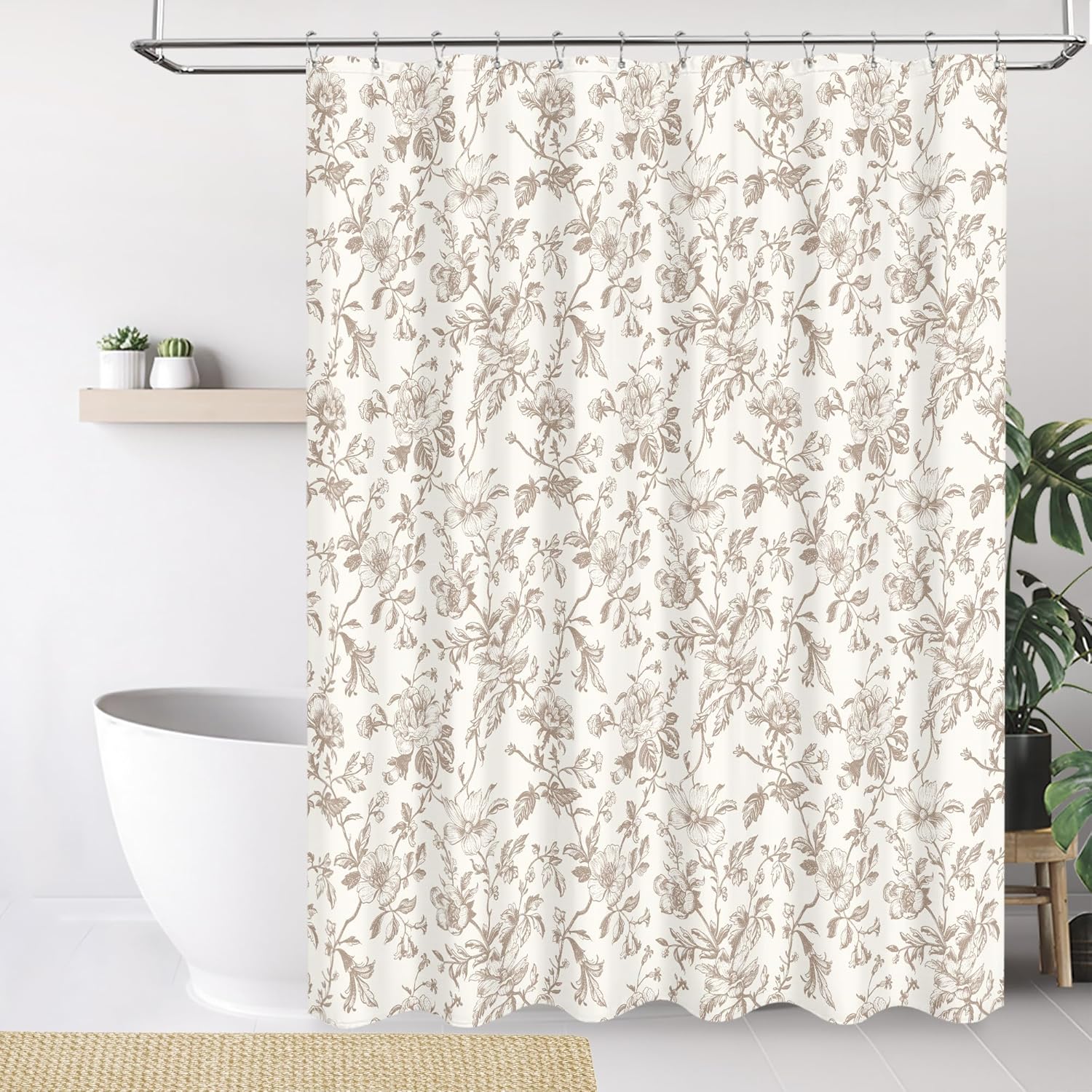 Tititex Boho Rustic Beige Flower Faux Linen Shower Curtain, Vintage Bathroom Decoration Shower Curtain Sets 72x72 in with Hooks