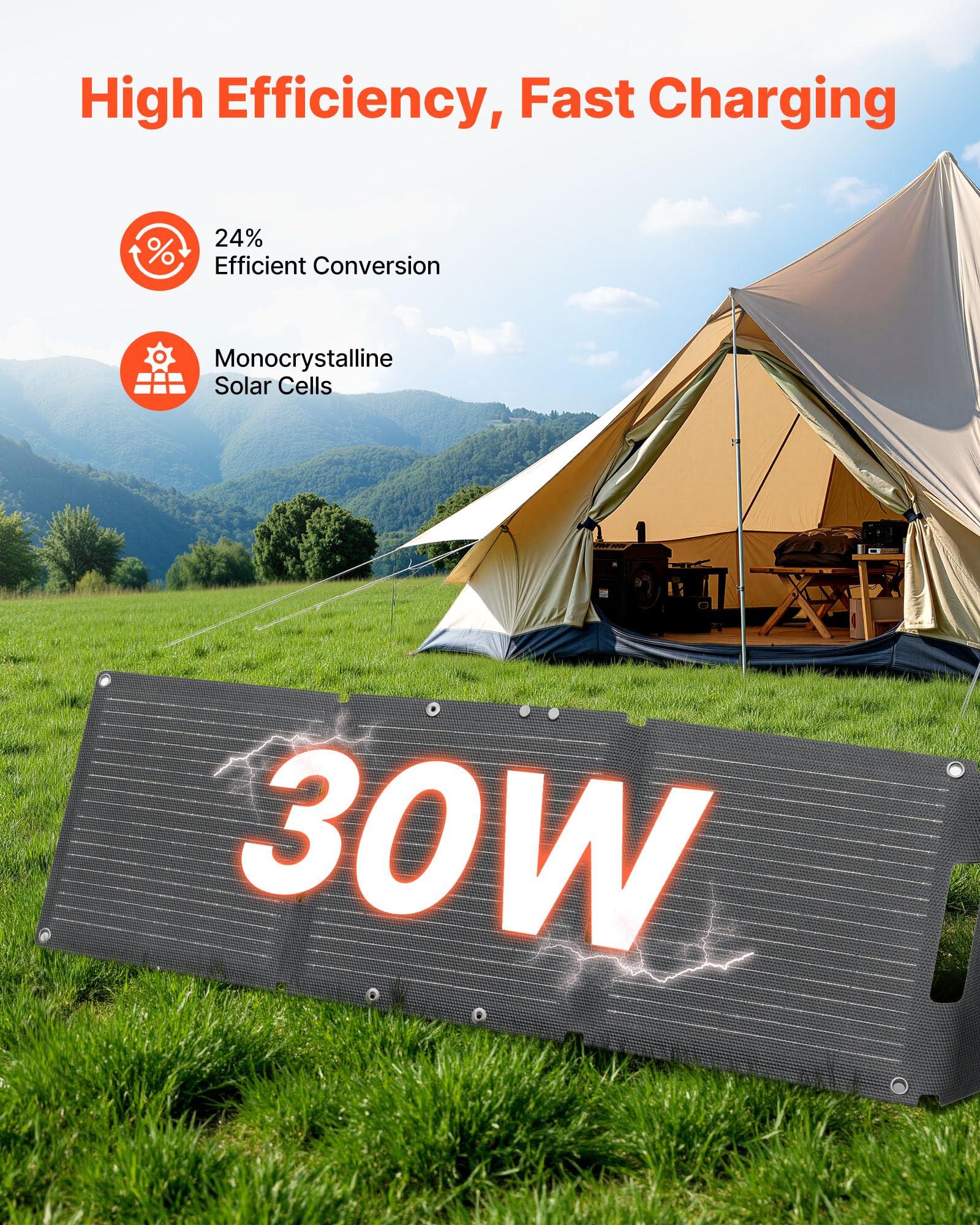 VEVOR Placa Solar Plegable 30W, Panel Solar Monocristalino Portátil, 3 Puertos USB-A y USB-C, IP65 Impermeable, Cargador para Tablets Móviles Power Bank, Energía para Camping Senderismo Autocaravanas