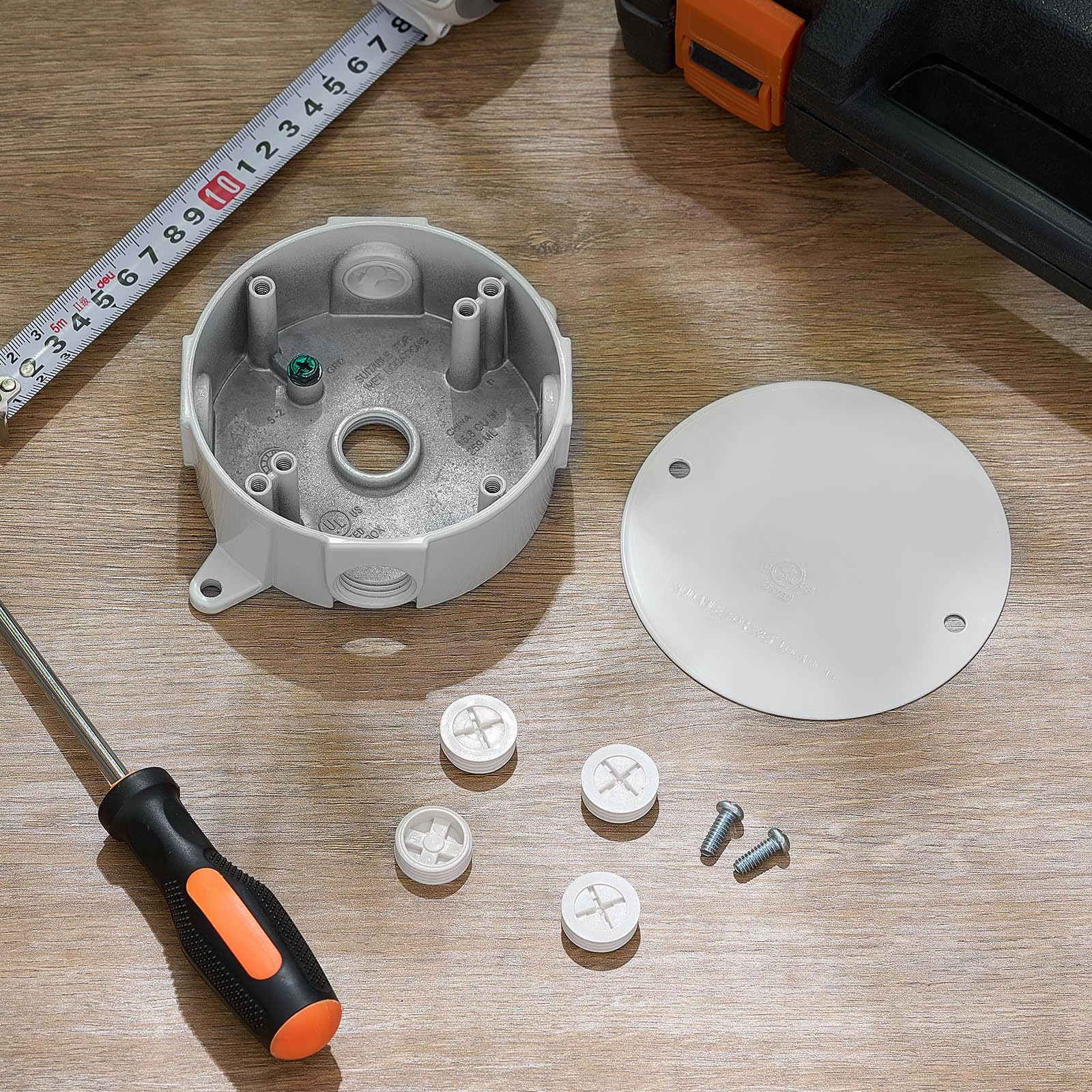 Juexica 4 Set runde elektrische Box mit 10,9 cm großer, flacher Metallplatte, wetterfest, 5 Löcher, Außensteckdose, Abzweigdose für Deckenmontage, Beleuchtungssysteme außen (weiß, 1,27 cm Loch)