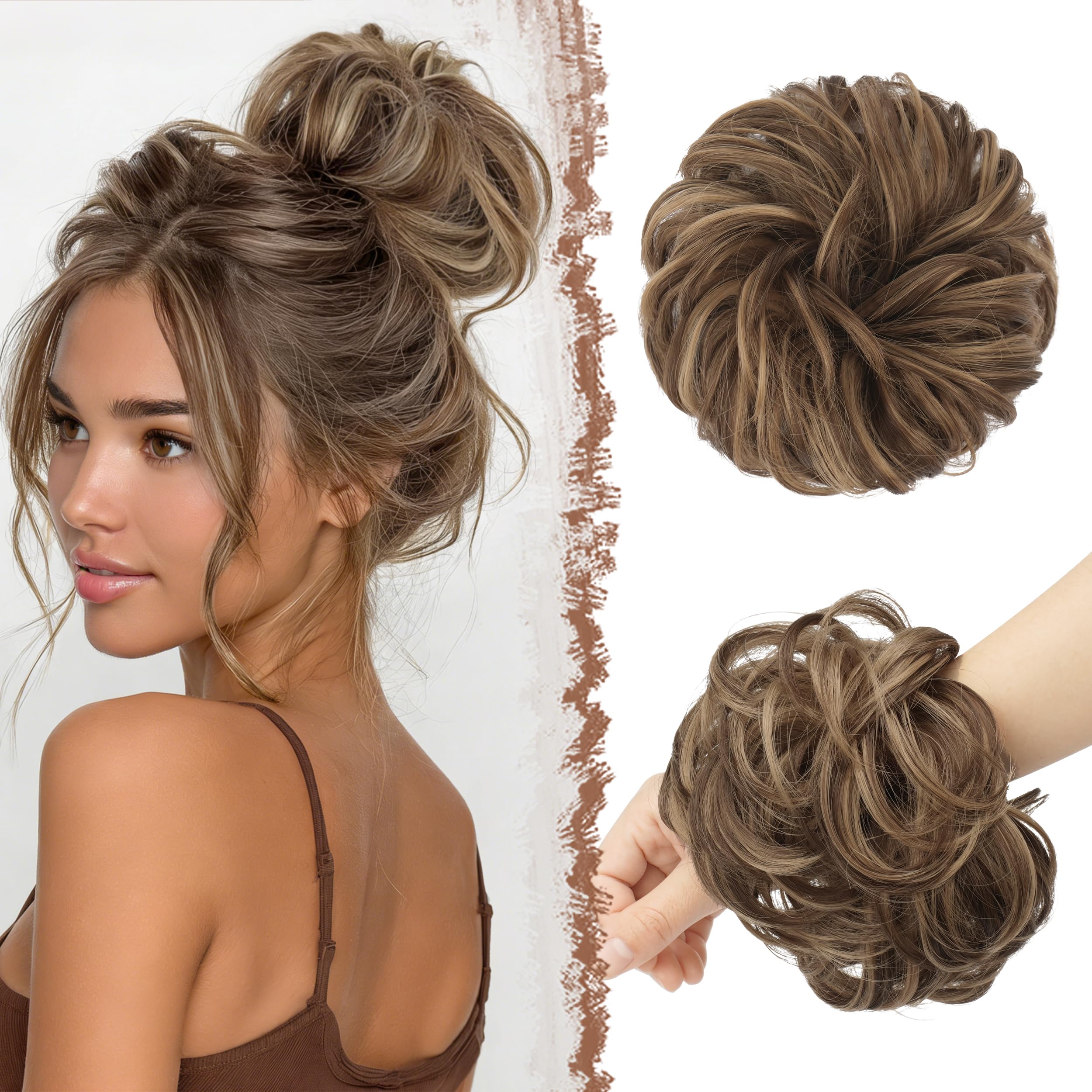 FESHFEN Messy Bun Hair Pieces - Large Wavy Curly Elastic Hair Bun Scrunchies Ponytail Extensions Synthetic Chignon Hairpieces for Women, Brown Mixed Honey Blonde 1.94oz