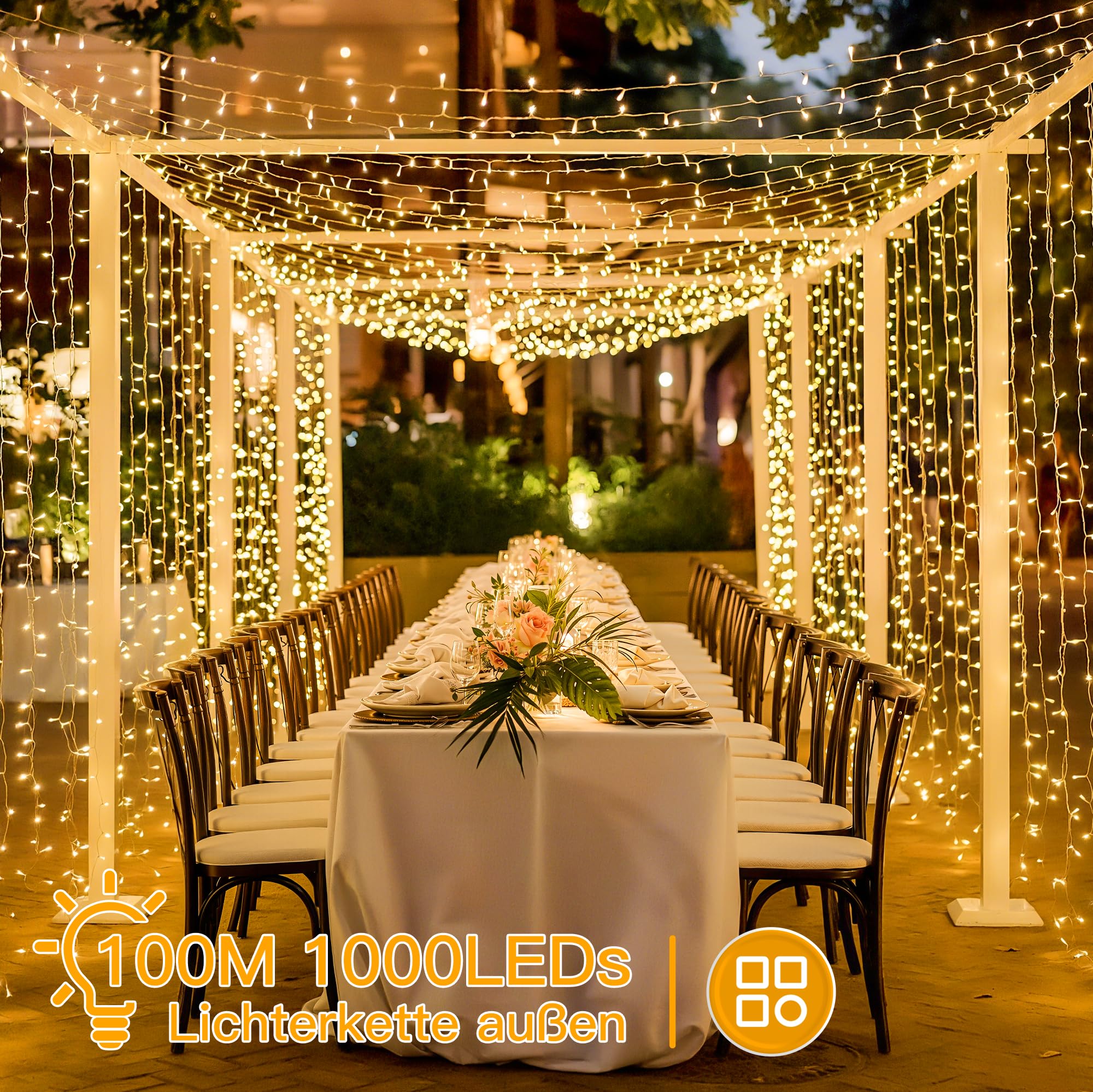 Ollny Lichterkette außen 100M 1000 LED, Lichterkette lang mit Fernbedienung 8 Modi Timer, IP44 wasserdicht Lichterkette outdoor für Party Hochzeit Ostern Garten Balkon(warmweiß)