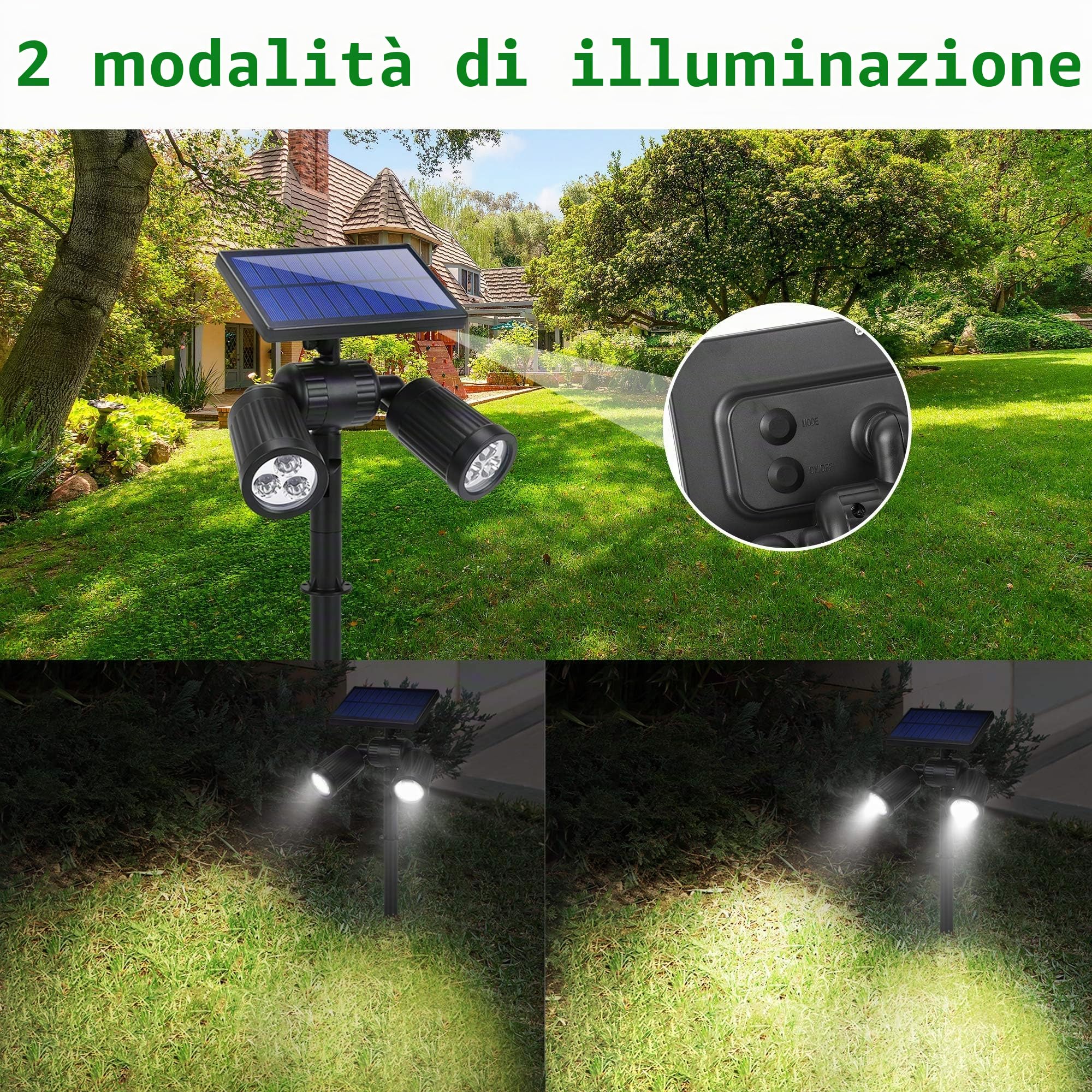 Faretti Solari da Esterno 2 in 1 LED Impermeabili IP65, 2 Pezzi | Pannello solare 5.5V/1.8W, batteria 2600mAh, 2 modalità luce (200LM/300LM), orientabile a 360°, installazione prato/parete