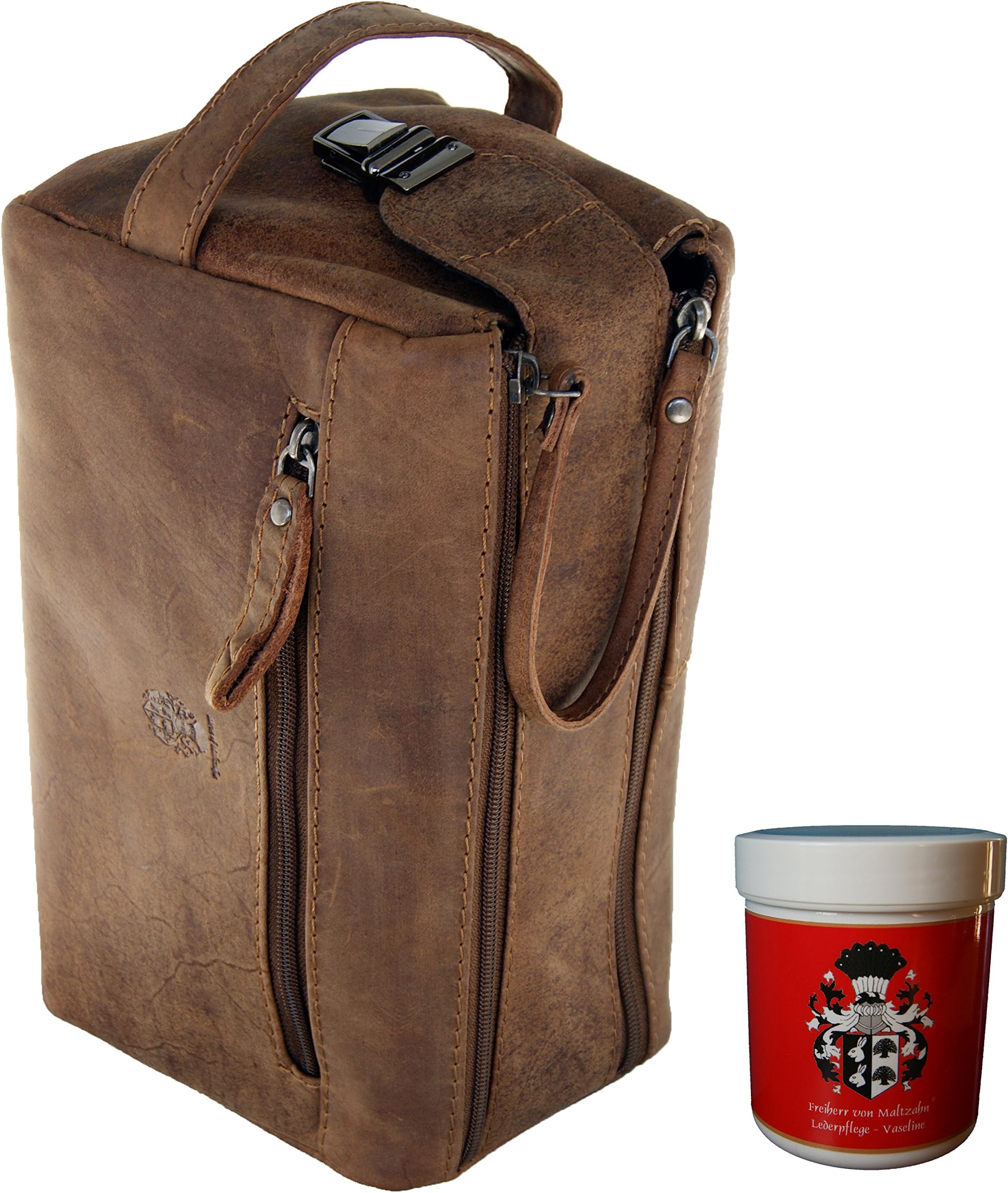 Baron of MALTZAHN - Toiletry Bag LINGNER Made of Brown Leather incl. Leather Care