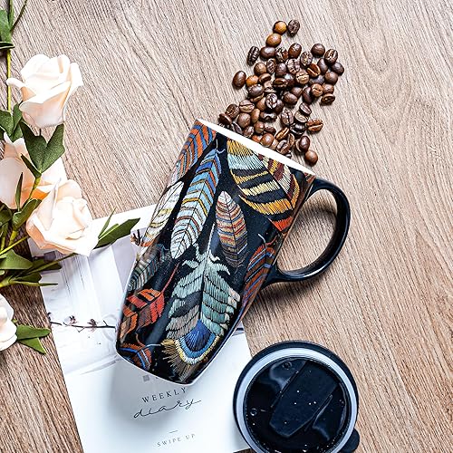 Miniatura 36 de Taza de café de viaje de cerámica con tapa para el hogar y la oficina, taza de té alta de porcelana de 17 onzas con mango de arte floral en caja
