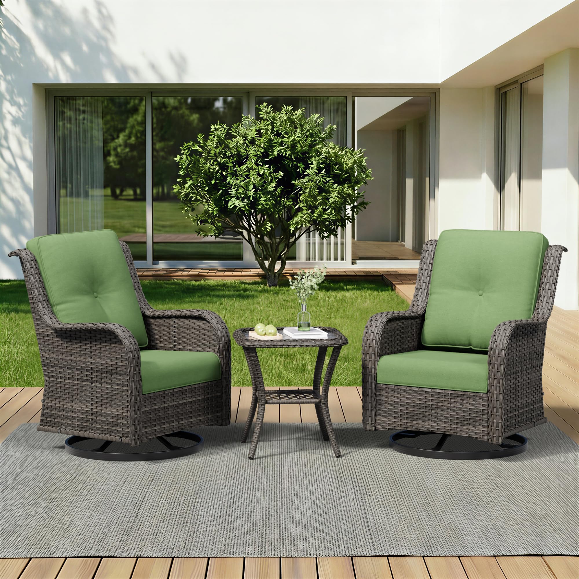 3 Piece Outdoor Wicker Patio Furniture Set, Swivel Rocker Patio Chairs Set with Thickened Olefin Cushions, High Back and Deep Seating, Hand-Woven PE Rattan for Porch, Deck
