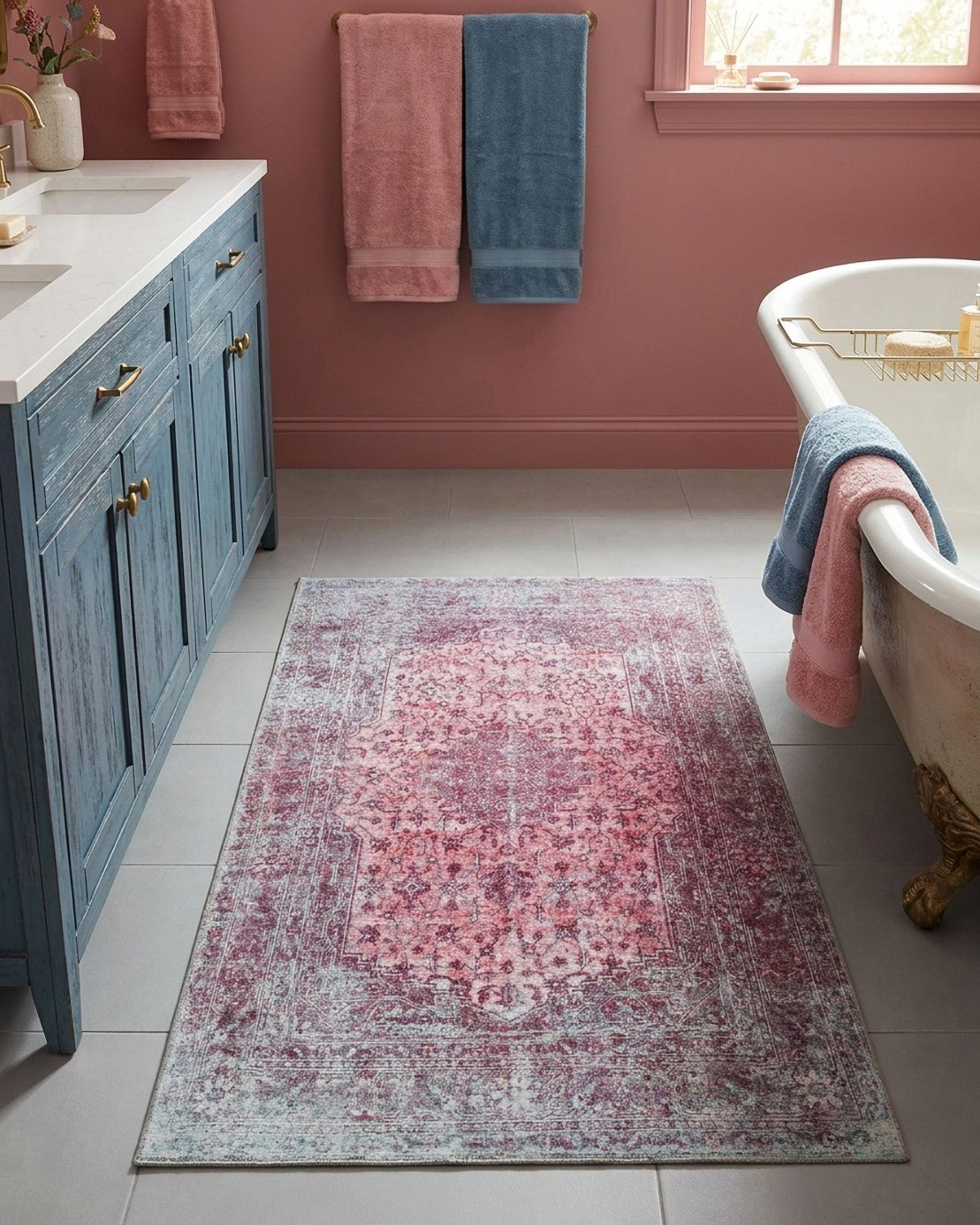 Wecon Home Badteppich Ralph, 80 x 150 cm, Pastell violett | orientalisches Vintage Design, rutschfester TPE-Rücken, waschbar bis 30 °C, OEKO-TEX® zertifiziert