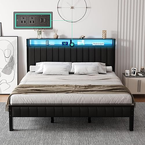 Miniatura 29 de Base de cama de tamaño matrimonial, plataforma LED con cabecera de piel sintética, estación de carga, espacio de almacenamiento de 2 niveles, no