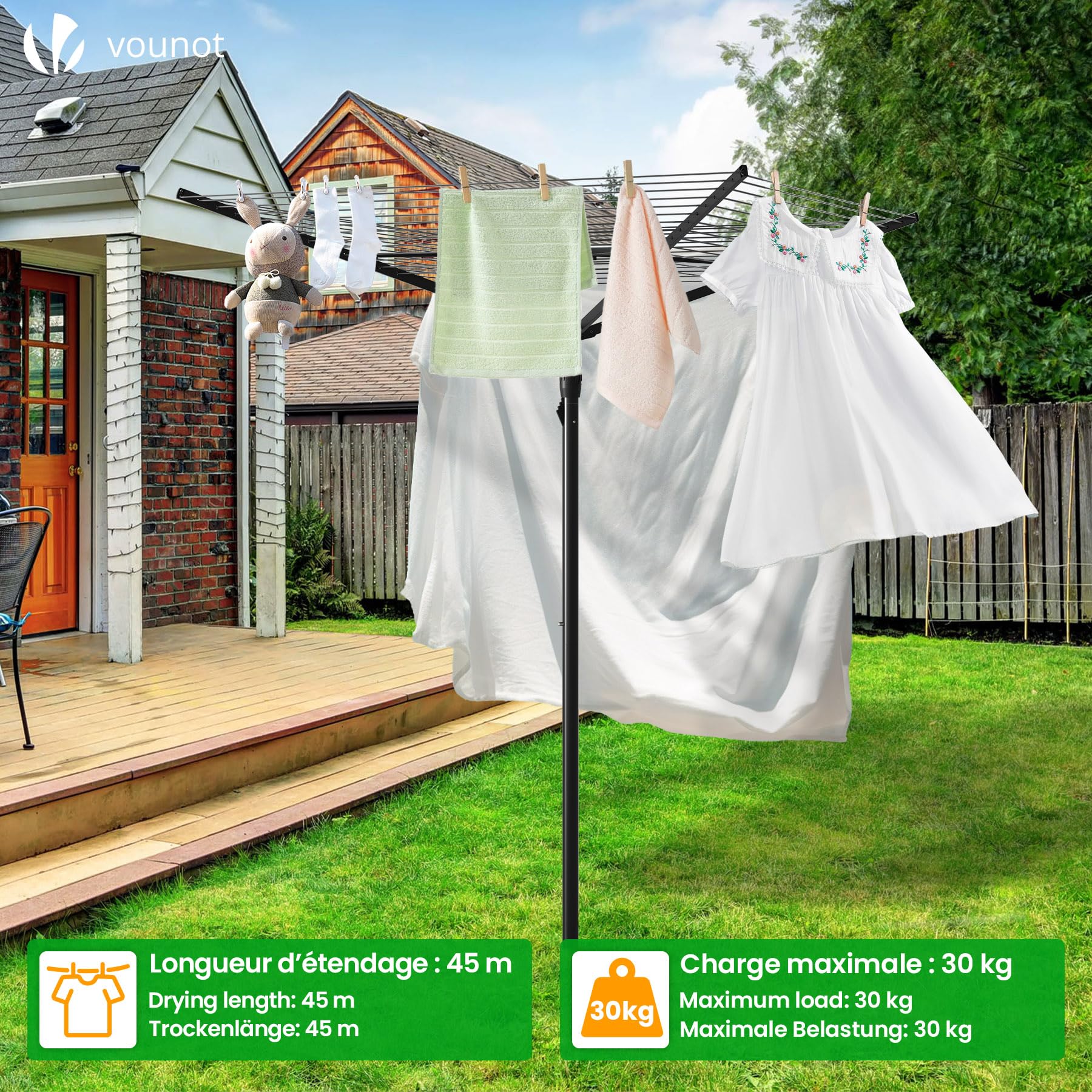 vounot® Etendoir à Linge Extérieur Rotatif 4 Bras Séchoir Parapluie Grande Surface D'Étendage 45M Séchoir à Linge avec Housse de Protection Piquet de Sol Noir Gris