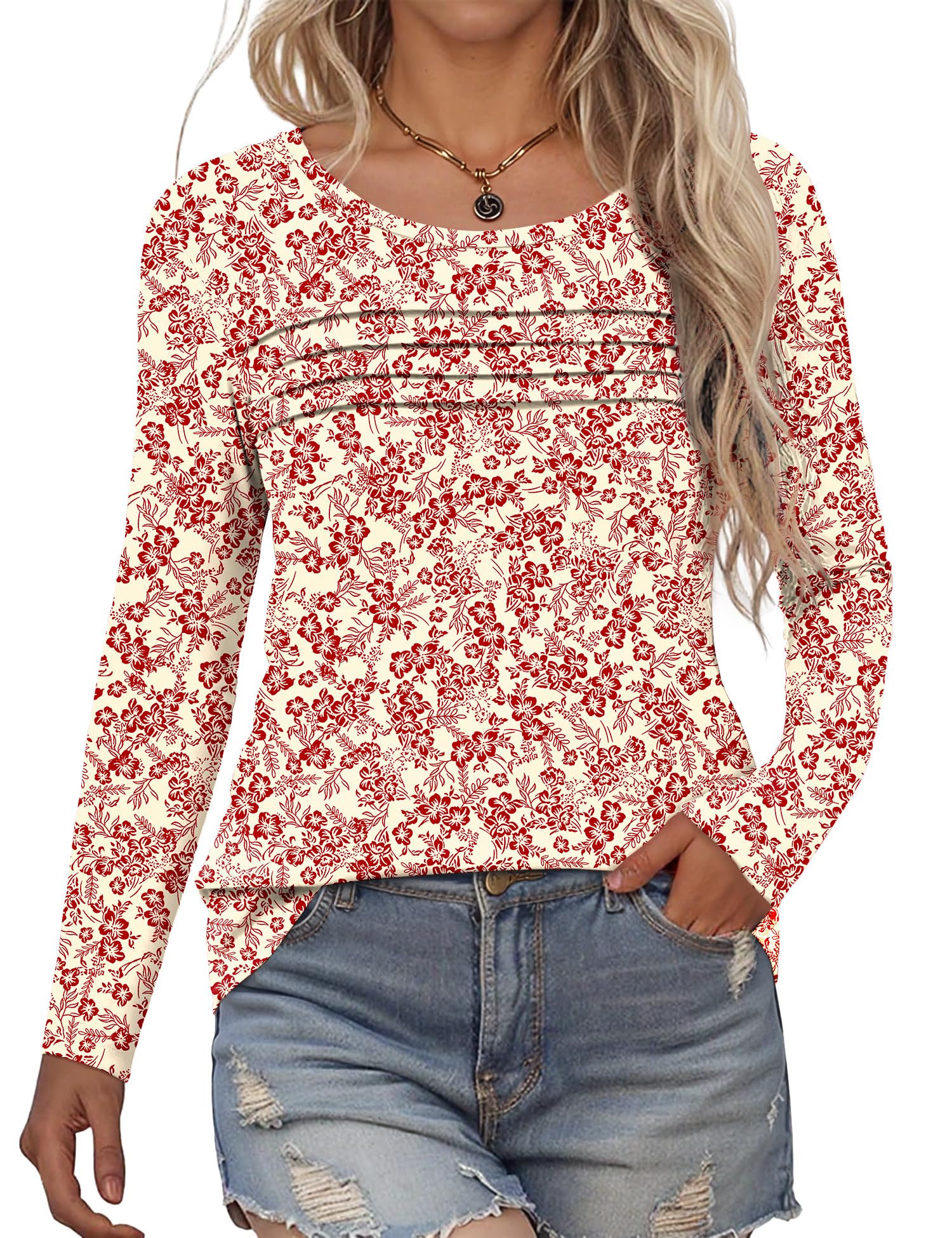 Rapbin Langarmshirt Damen Rundhals Pullover Herbst Winter Falten Sweatshirt Lässig Bluse Elegant Locker Oberteil Blumen Tunika Shirts