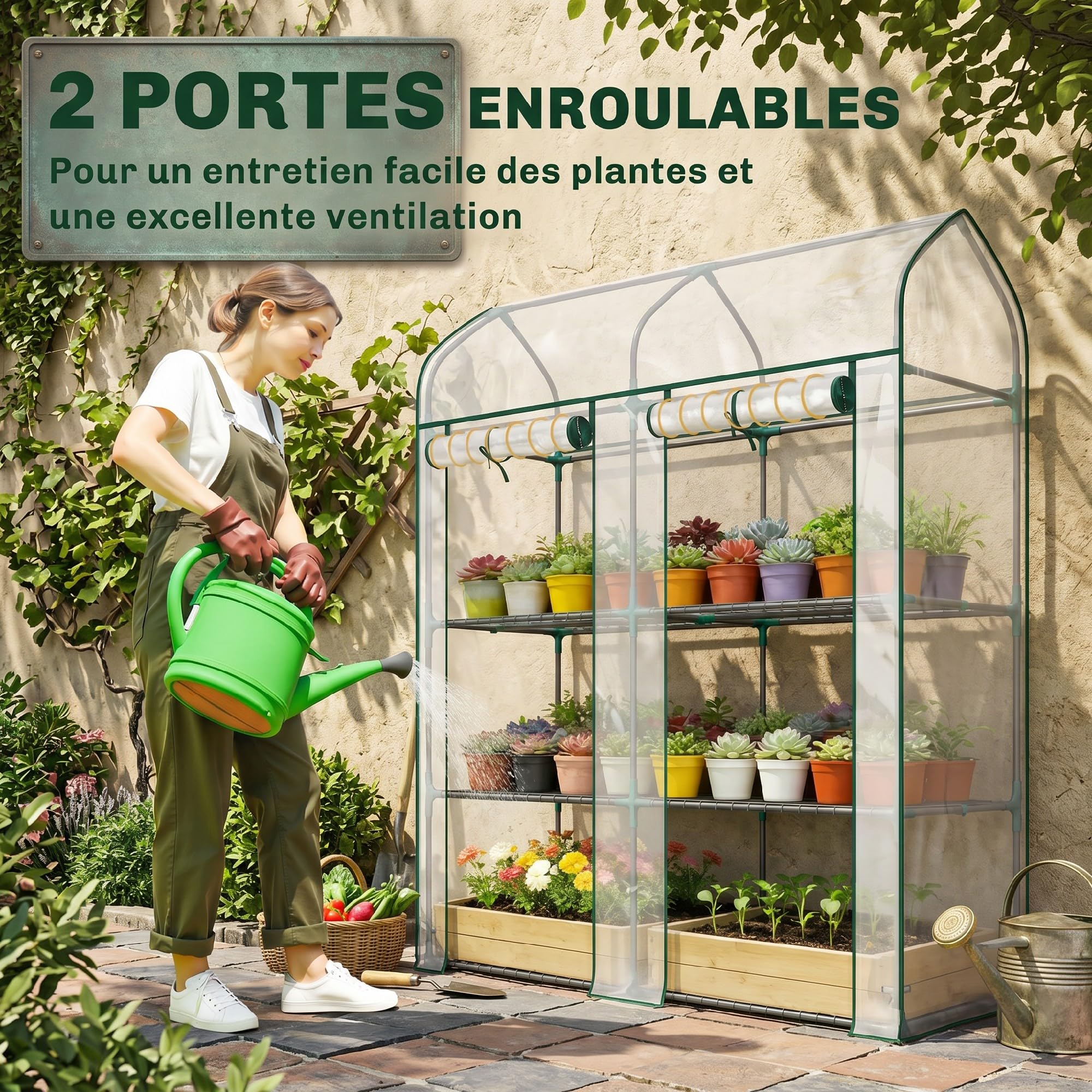 Outsunny Serra da giardino con ripiani a 3 livelli a tetto appuntito, piccola serra da balcone in tela PVC e telaio in acciaio, 2 ante rotanti, per verdure e piante, fiori, 143 x 46 x 165 cm