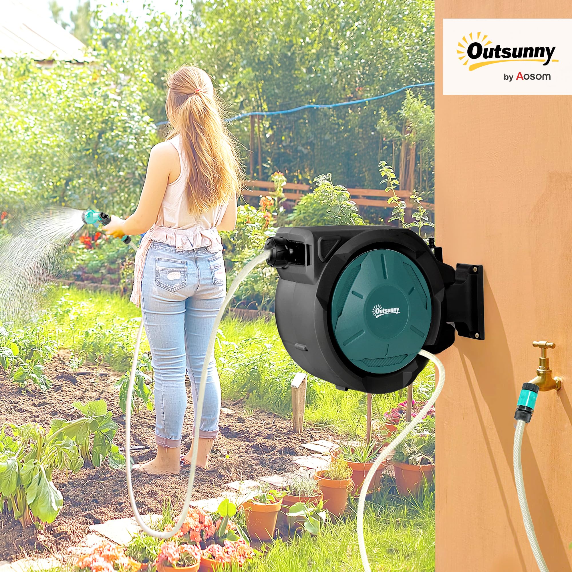 Outsunny Enrouleur Tuyau Arrosage Mural 25 m x Ø 15 mm Automatique Noir | Dévidoir Automatique de Tuyaux d'Eau, Pivotant à 180°, Buse à 7 Modes, pour Jardin et Lavage de Voiture