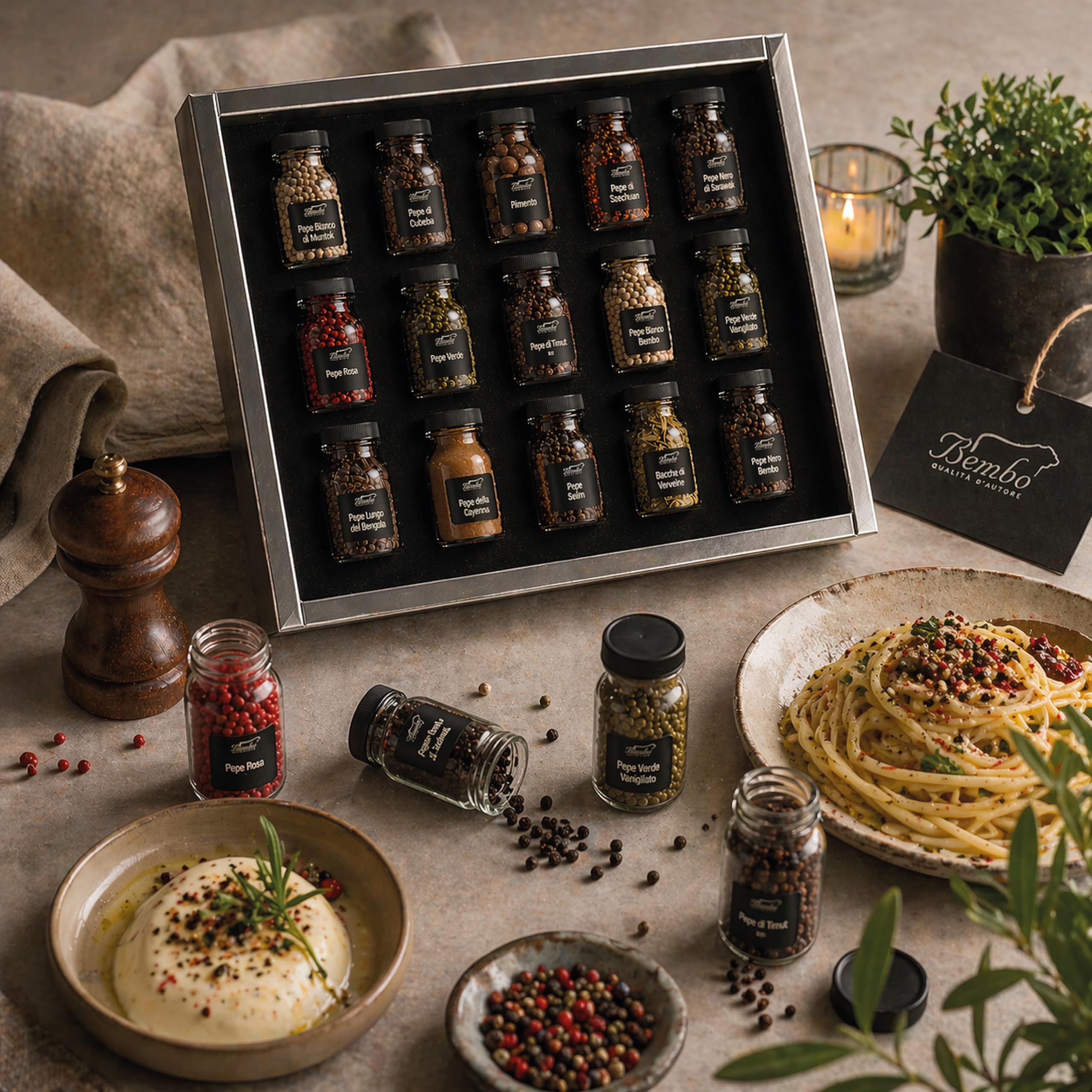 Bembo Set Regalo 15 Pepi del Mondo – Collezione Degustazione | 15 pepi da guardare, toccare, annusare e assaggiare. Un viaggio tra aromi del mondo. Made in Italy.