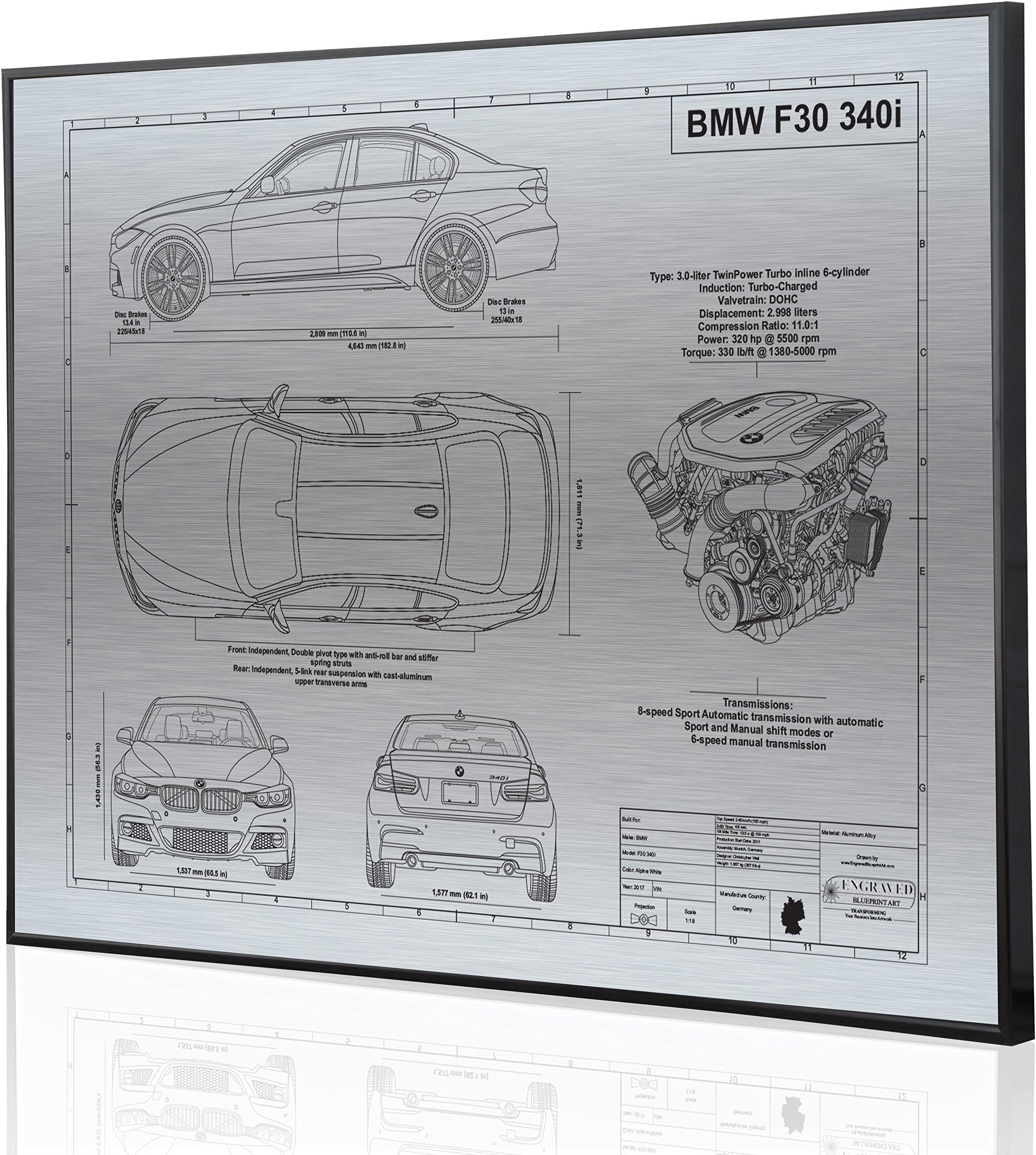Engraved Blueprint Art compatible with BMW F30 340i Blueprint Artwork-Laser Marked & Personalized-The Perfect BMW Gifts