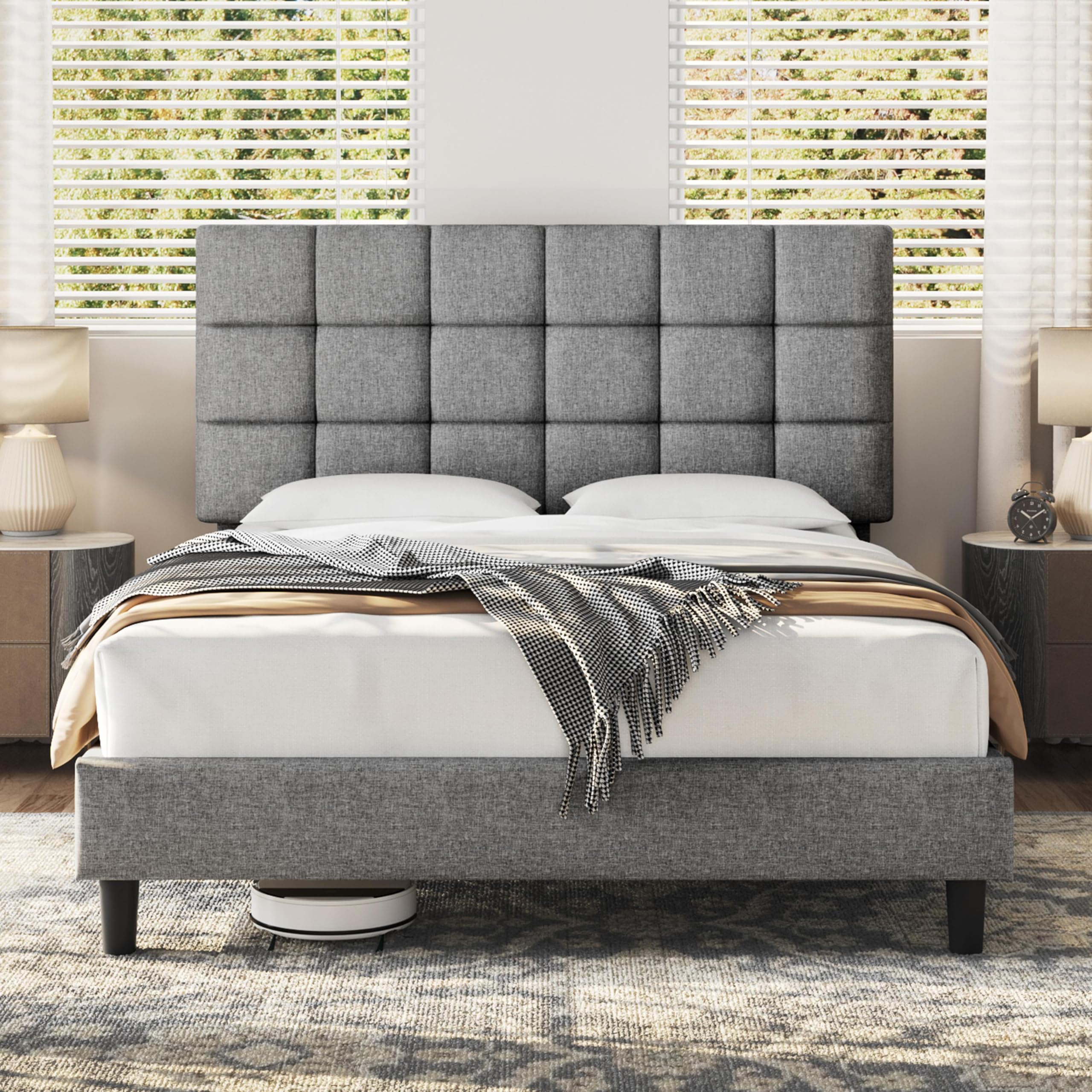 Yaheetech King Bed Frame Upholstered with Adjustable Square Tufted Headboard/Linen Fabric/Sturdy Wooden Slat Support/No Box Spring Needed, 5ft King Bed Light Grey — image 1