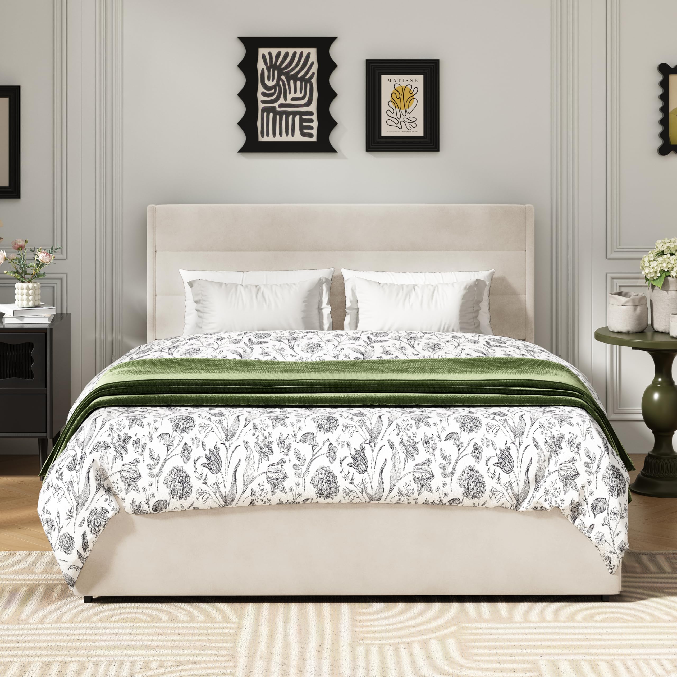 TSLINN Queen Size Platform Bed Frame with 4 Storage Drawers, Mid-Century Modern, No Box Spring Needed, Cream
