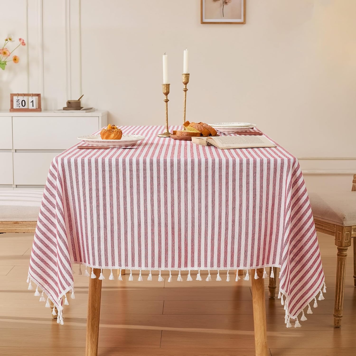 Striped Tablecloth Rectangular Cotton Linen Style Picnic Table Cloths Rectangle with Tassels Washable Table Cover Wrinkle Free for Summer Party Outdoor Dining Room,Red and White,55x75