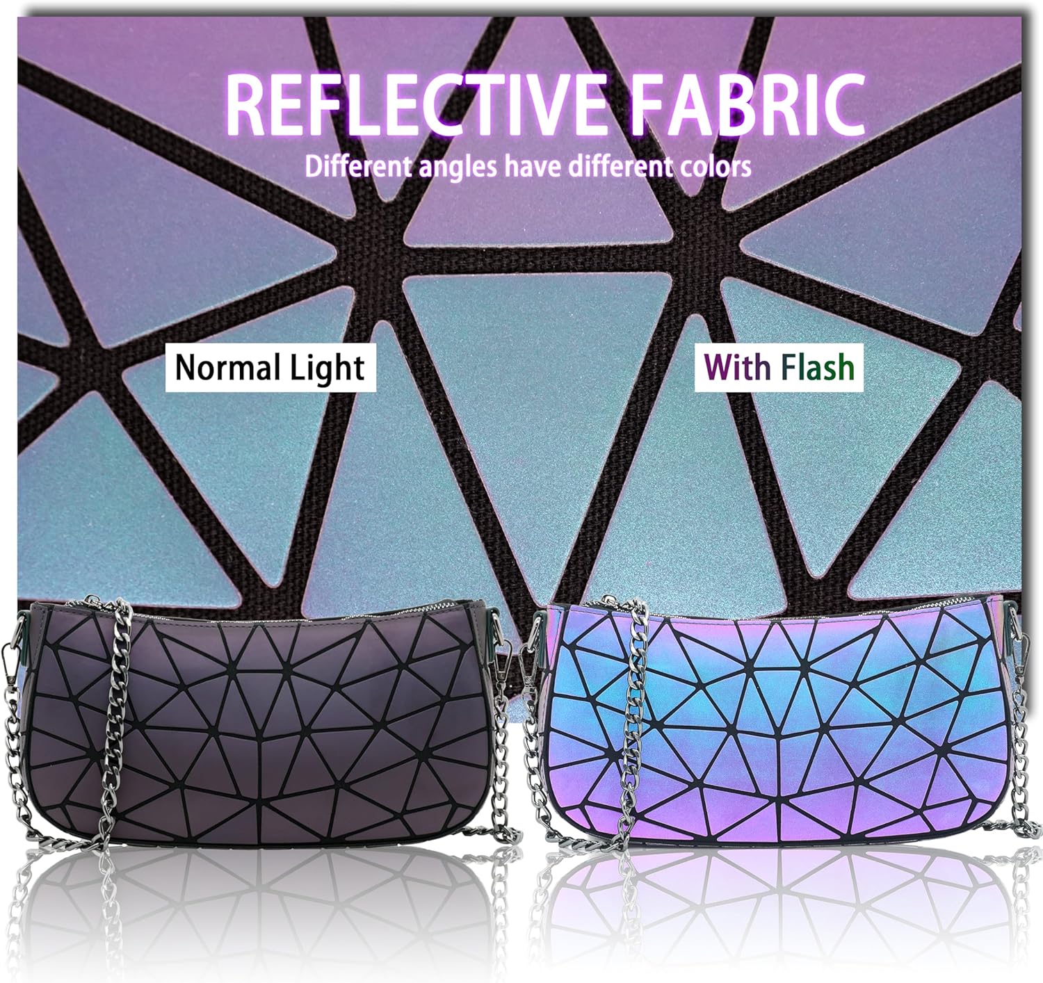 Small Shoulder bag with 2 Removable Straps Geometric Luminous Clutch Purse for Women Geometric underarm bag and Holographic crossbody bag - Image 3