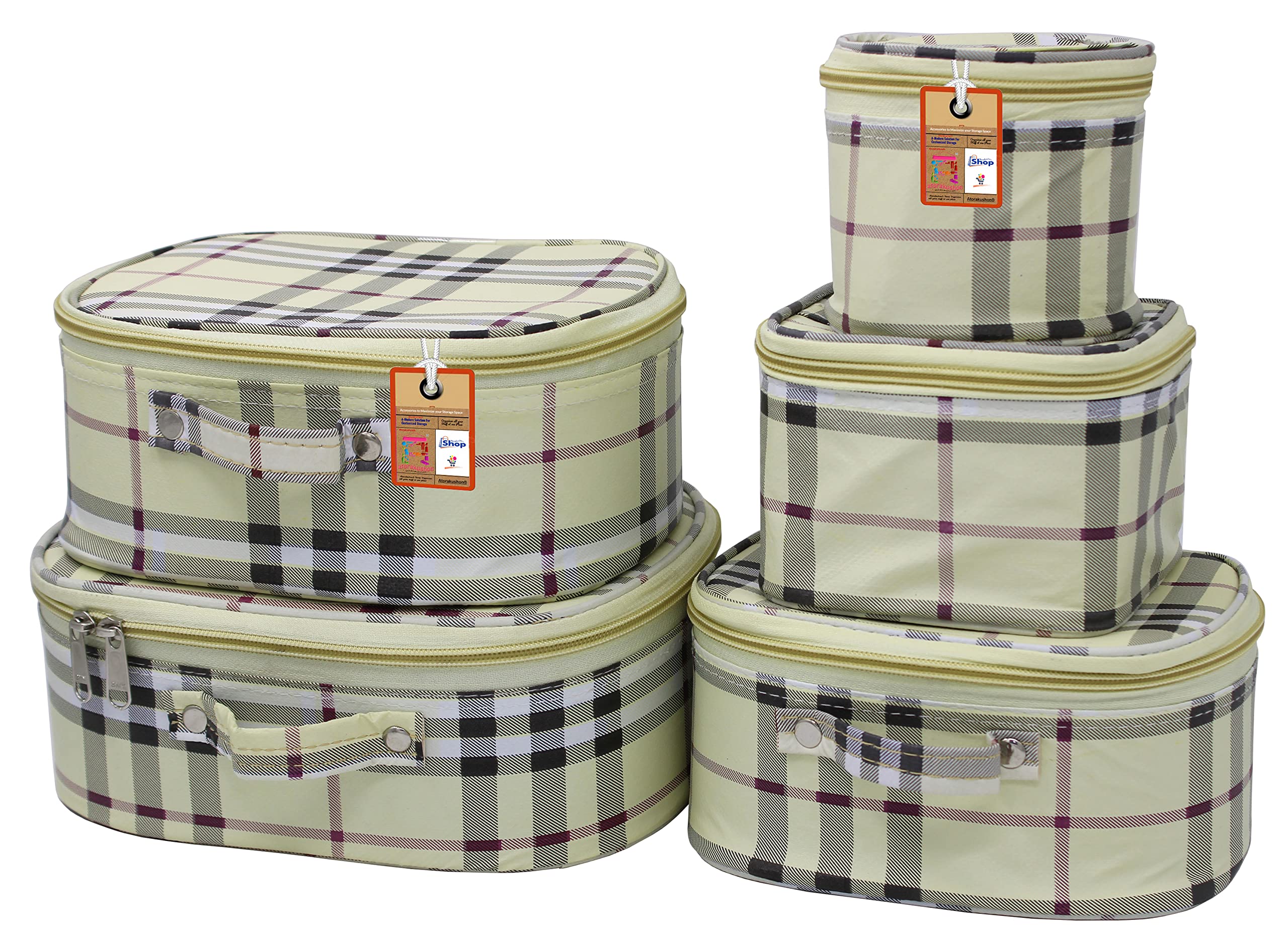atorakushon Kosmetiktasche / Kulturbeutel, Stoff, kariert, 5 Stück, für Reisen, Kosmetikbeutel, Kleiderschrank, Organizer, Schmuckbeutel, Cream, Standard, Neu