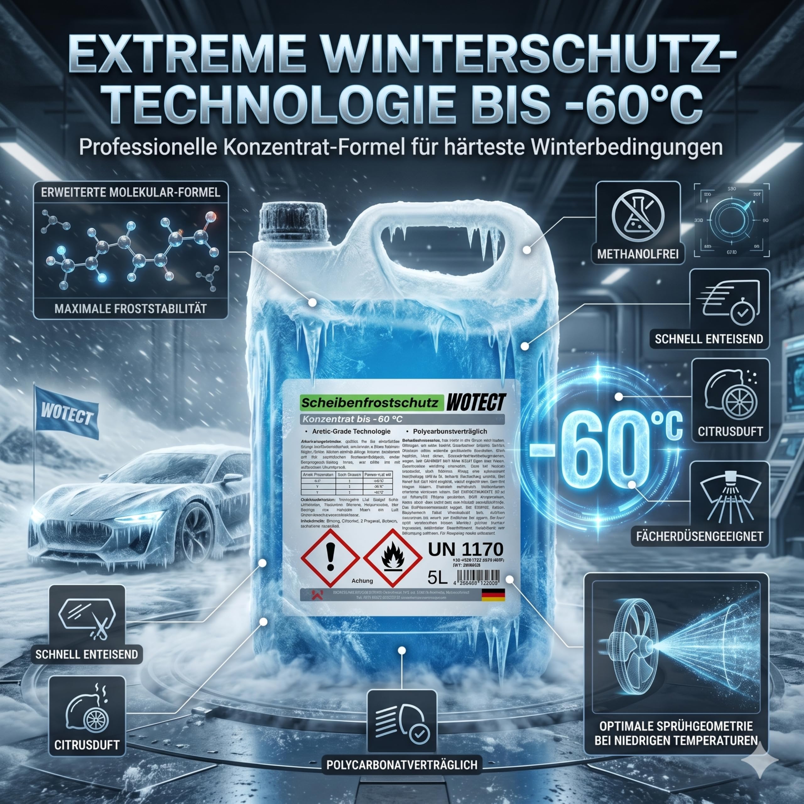 WOTECT 20L Scheibenfrostschutz Konzentrat bis -60°C – Winterscheibenreiniger Citrus Methanolfrei – Frostschutzmittel für die Auto Scheibenwaschanlage – Schnelles Enteisen & Klarsicht