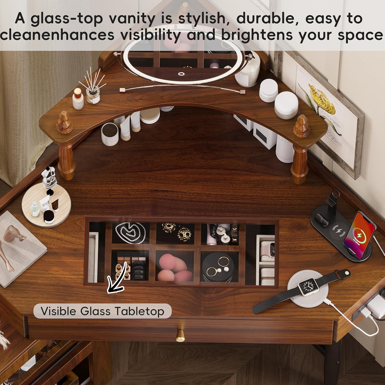 Merax Corner Vanity Desk Set with Storage Cushioned Stool & Charging Station, Triangle Makeup Desk with Removable Pull-Out Side Cabinet, Glass Tabletop Makeup Vanity with Drawer & Shelf, Walnut Triangle Walnut