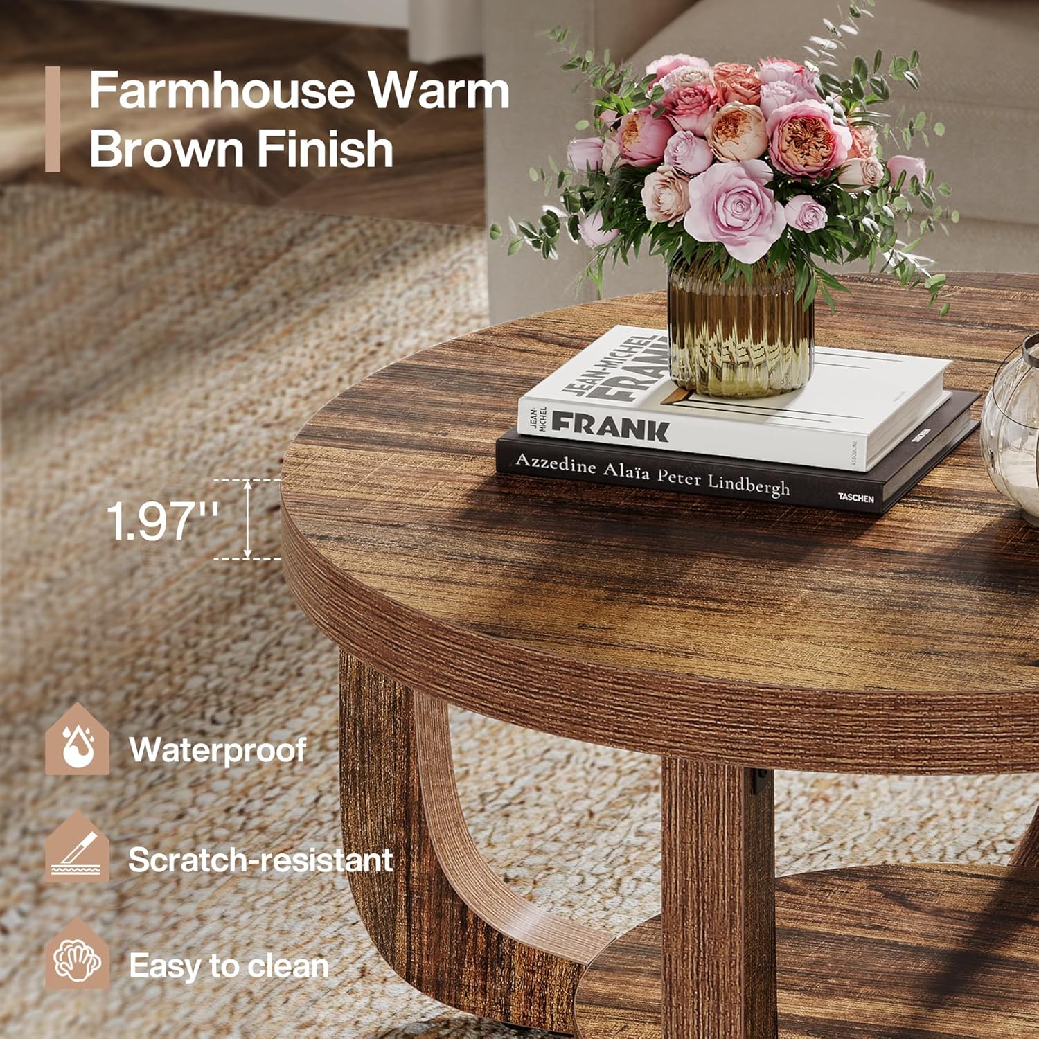 Tribesigns Round Coffee Table, 2-Tier Circle Coffee Table with Storage, Modern Wooden Accent Center Table for Living Room, Thick Tabletop & Base, Dark Brown