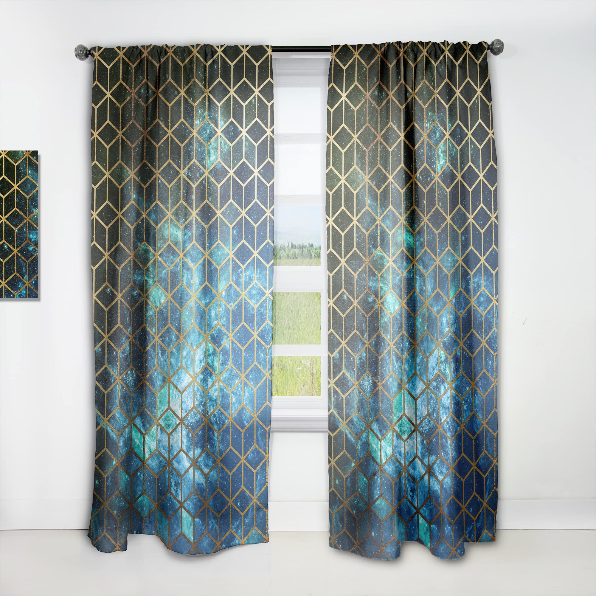 Rideaux Cubes Jaunes sur Bleu Cosmic DesignQ pour salon