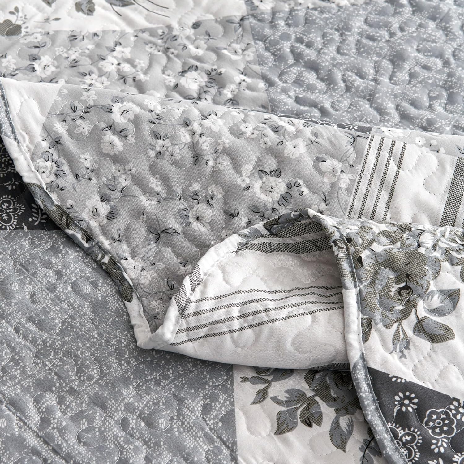 Cmfshape Summer Floral Queen Bedspread,Romantic Grey Quilt Set Full,Reversible Stitched Bedding Set All Season,Soft Lightweight Coverlet with Pillow Cases (Dark Grey, Queen90 x90) - Image 6